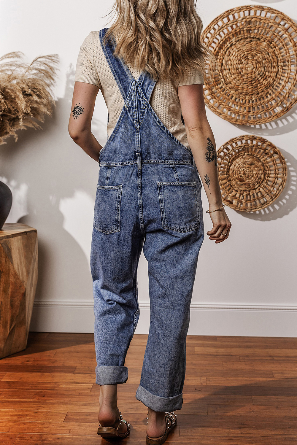 Sail Blue Denim Bib Straight Leg Jumpsuit with Pockets - Image 2