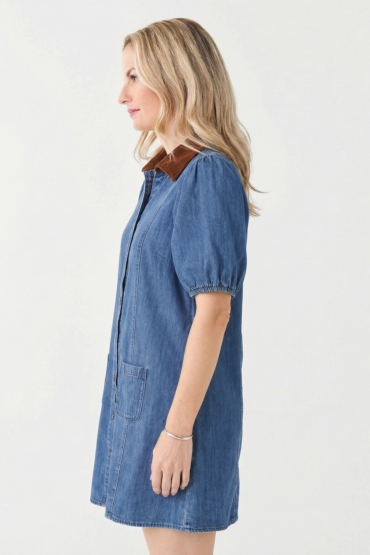 Blue Denim Short Puff Sleeve Color Block Shirt Collar Patchwork Mini Dress - Image 3