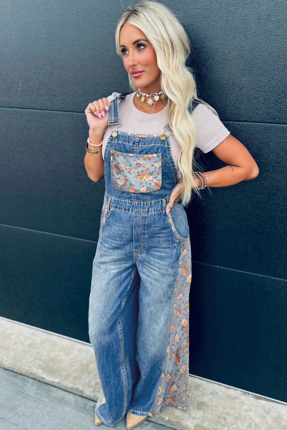 Peacock Blue Floral Patchwork Bib Denim Wide Leg Overalls - Image 4