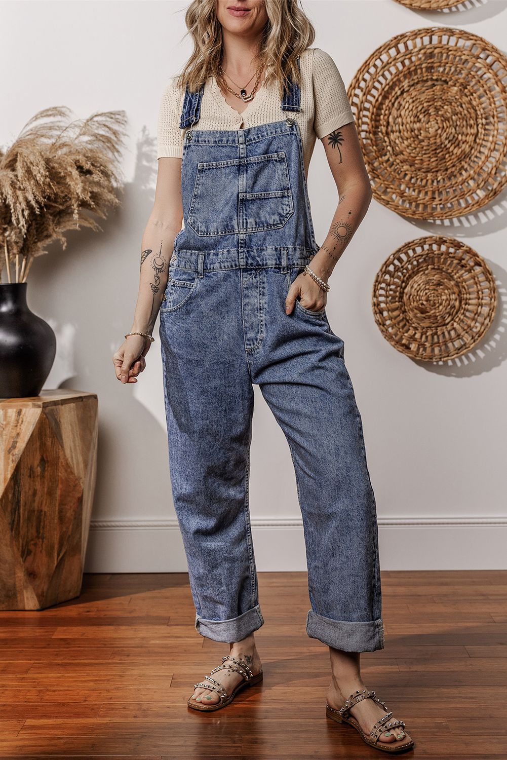 Sail Blue Denim Bib Straight Leg Jumpsuit with Pockets - Image 5