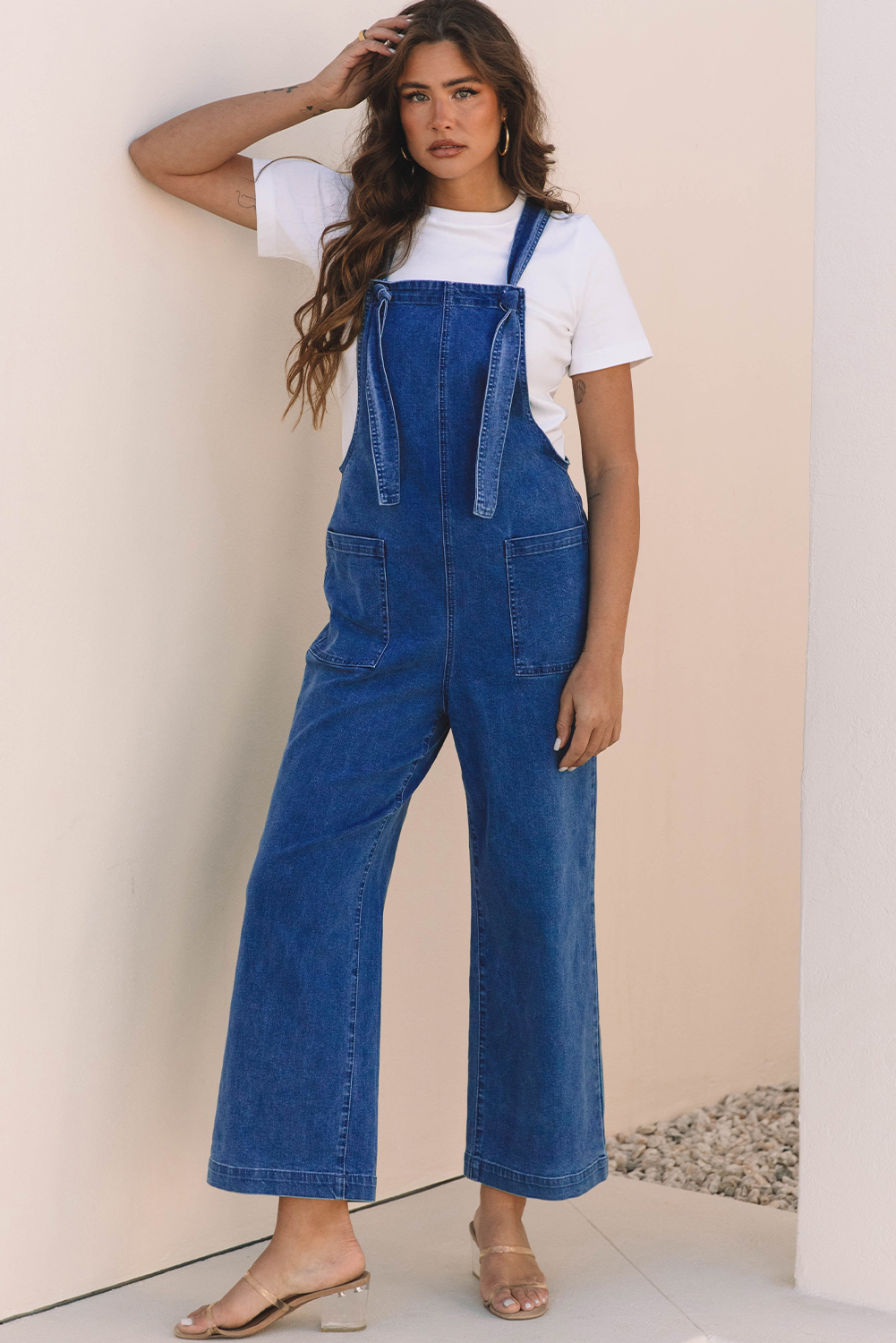 Prussian Blue Mineral Wash Knotted Strap Patched Pocket Wide Leg Denim Overall - Image 4
