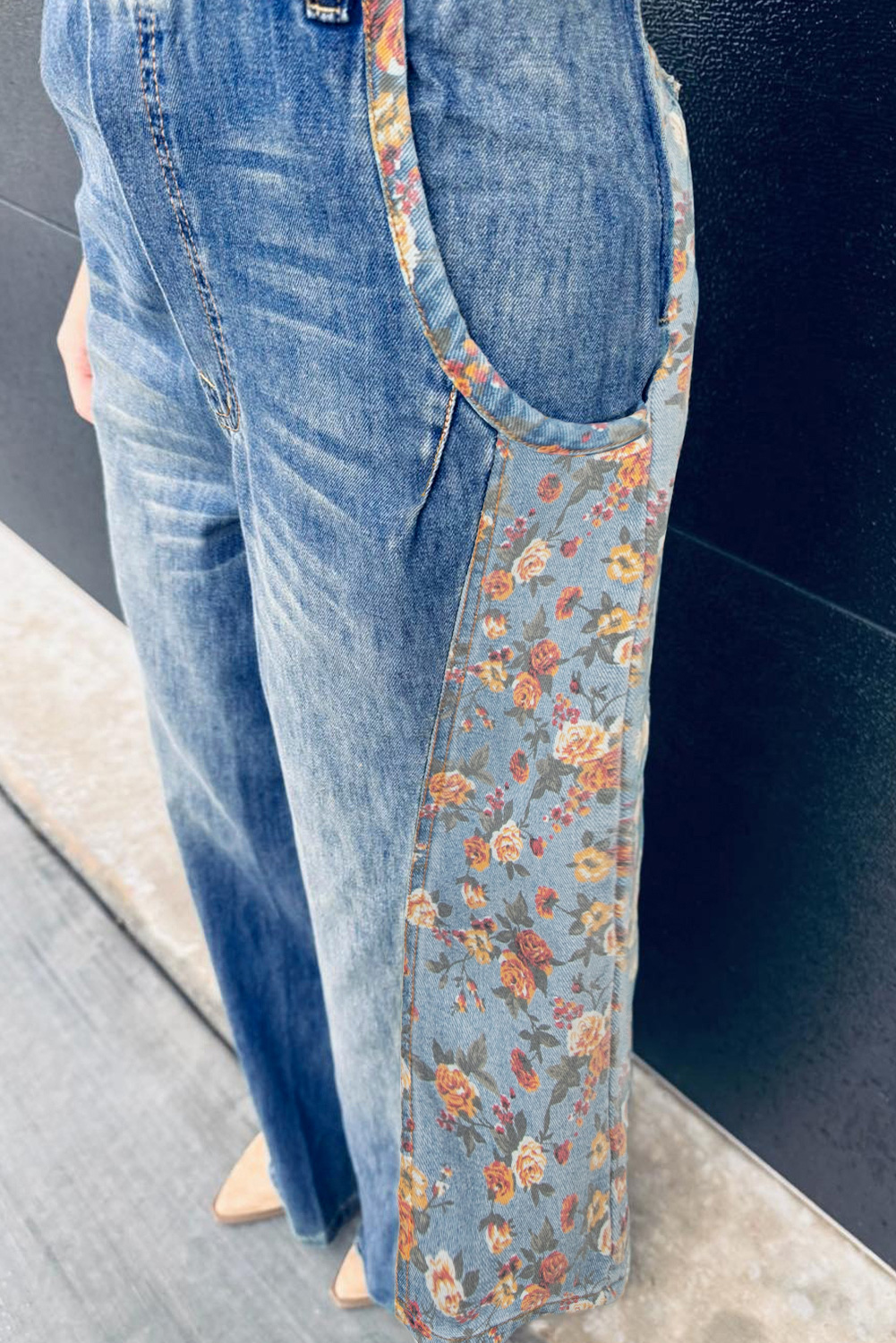 Peacock Blue Floral Patchwork Bib Denim Wide Leg Overalls - Image 3