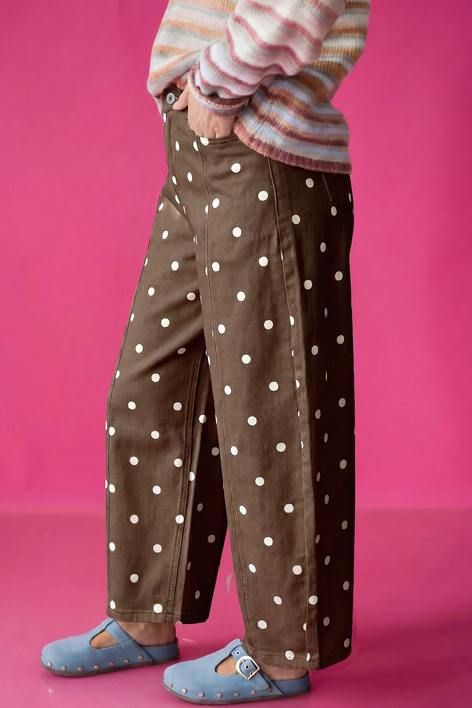 Brown Tailored Seam Polka Dot Print Barrel Casual Jeans - Image 4