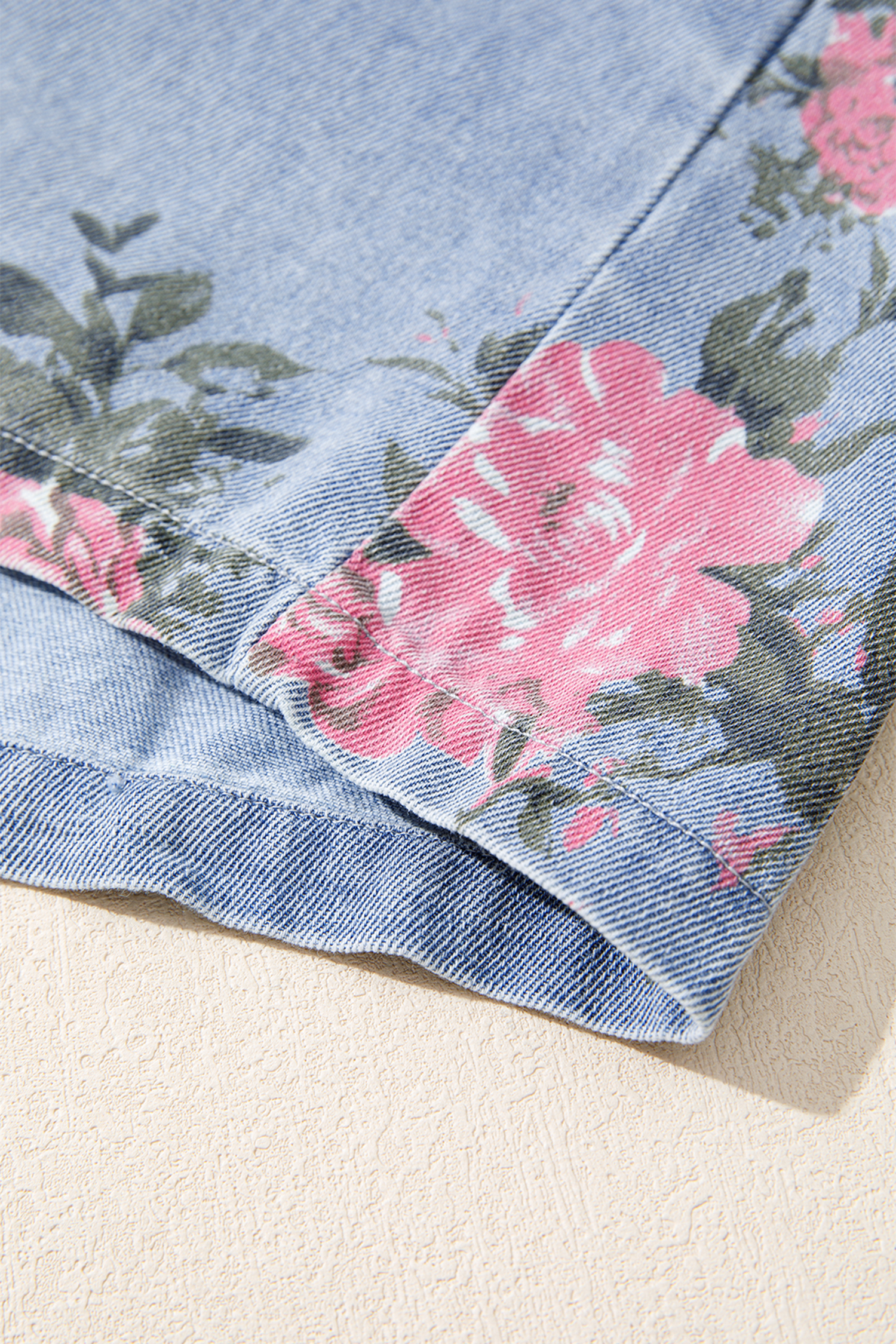 Sky Blue Denim Floral Print Cuffed Short Sleeve Button Down Shift Dress - Image 8