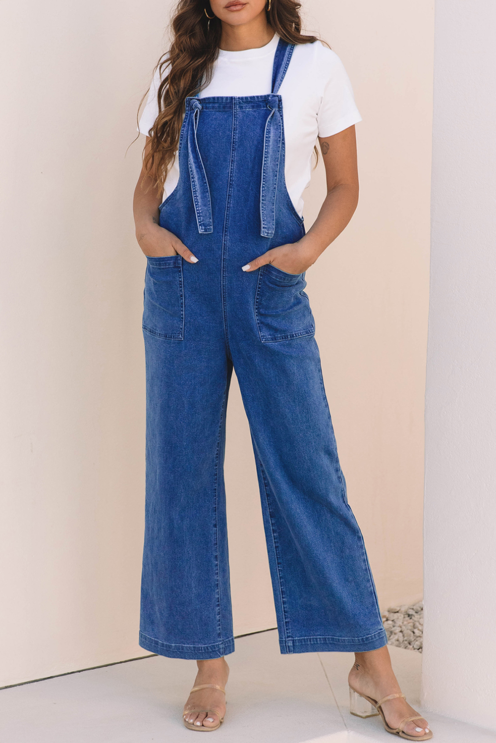Prussian Blue Mineral Wash Knotted Strap Patched Pocket Wide Leg Denim Overall - Image 6