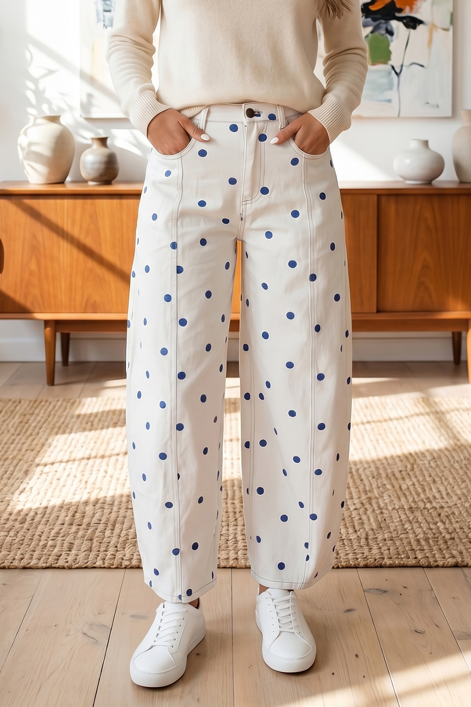 Brown Tailored Seam Polka Dot Print Barrel Casual Jeans - Image 24