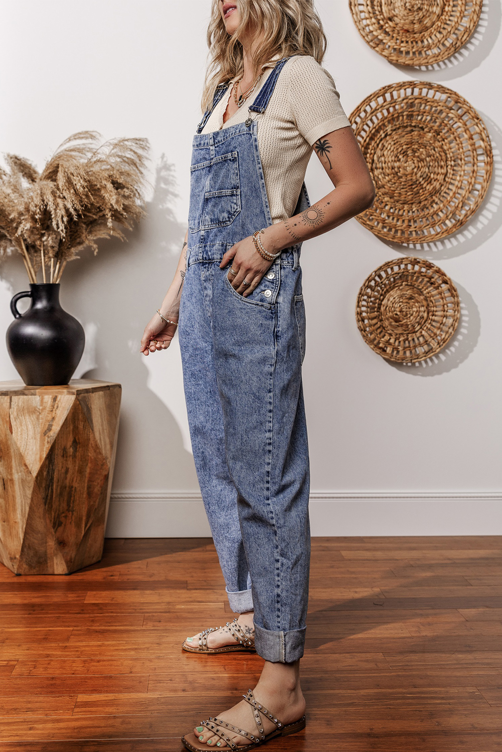 Sail Blue Denim Bib Straight Leg Jumpsuit with Pockets - Image 3
