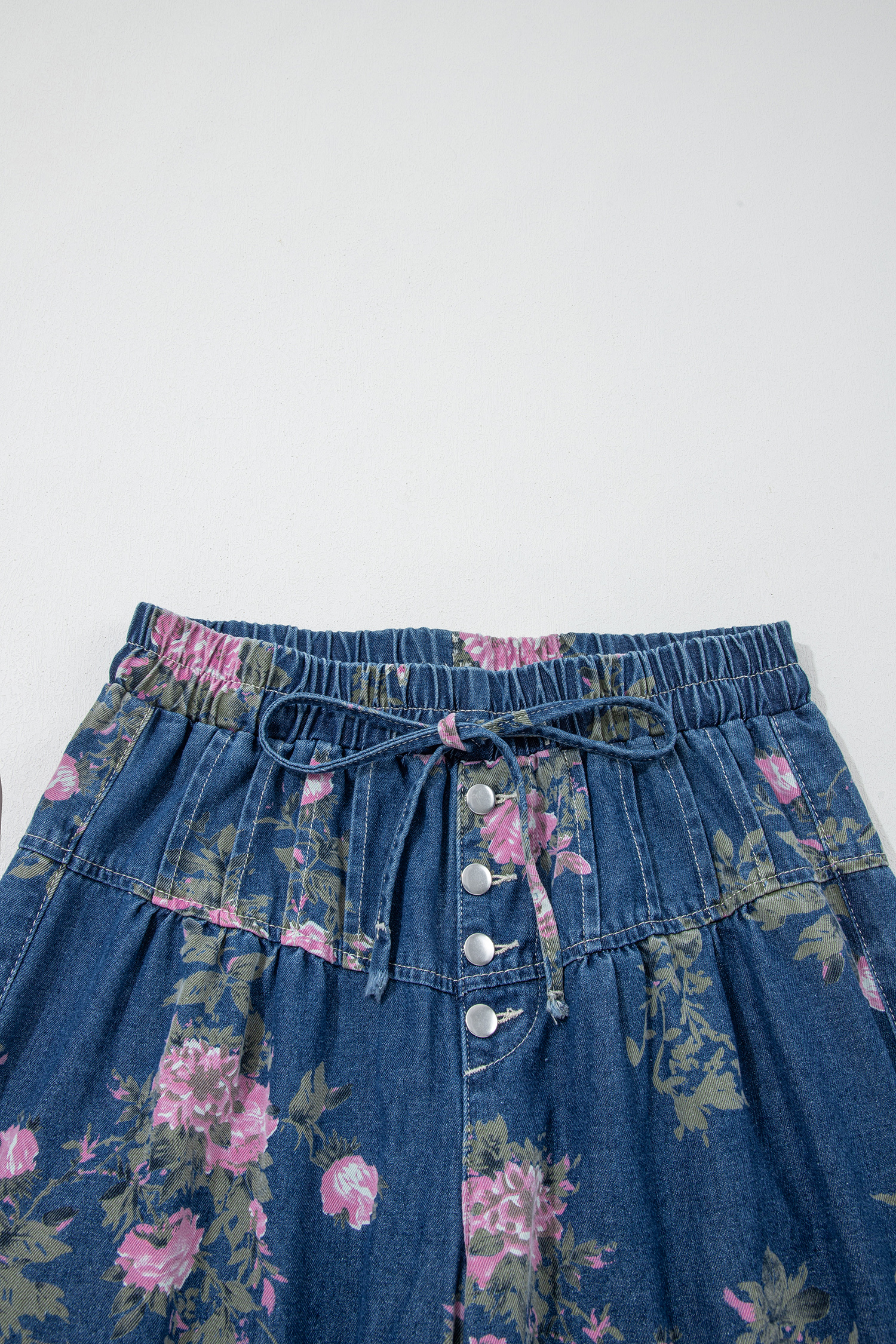 Blue Retro Floral Print Tie Elastic Waist Button Pintuck Wide Leg Jeans - Image 5