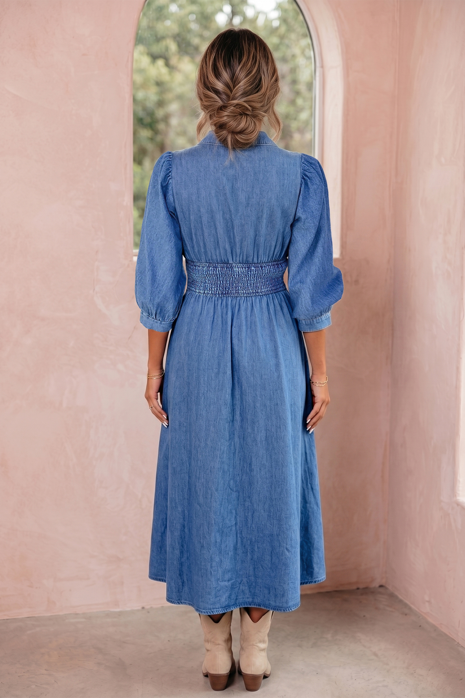 Blue V Neck Shirred Waist Metal Zipper Denim Midi Dress - Image 2