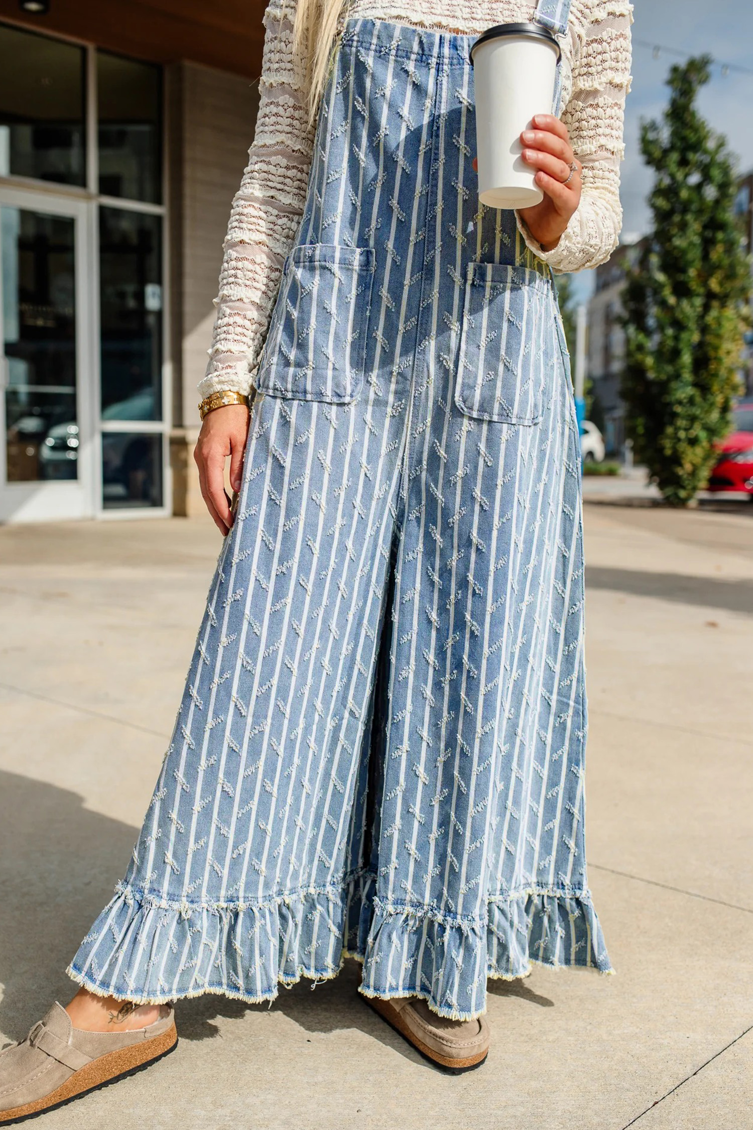 Myosotis Striped Distressed Ruffled Wide Leg Denim Overalls - Image 3
