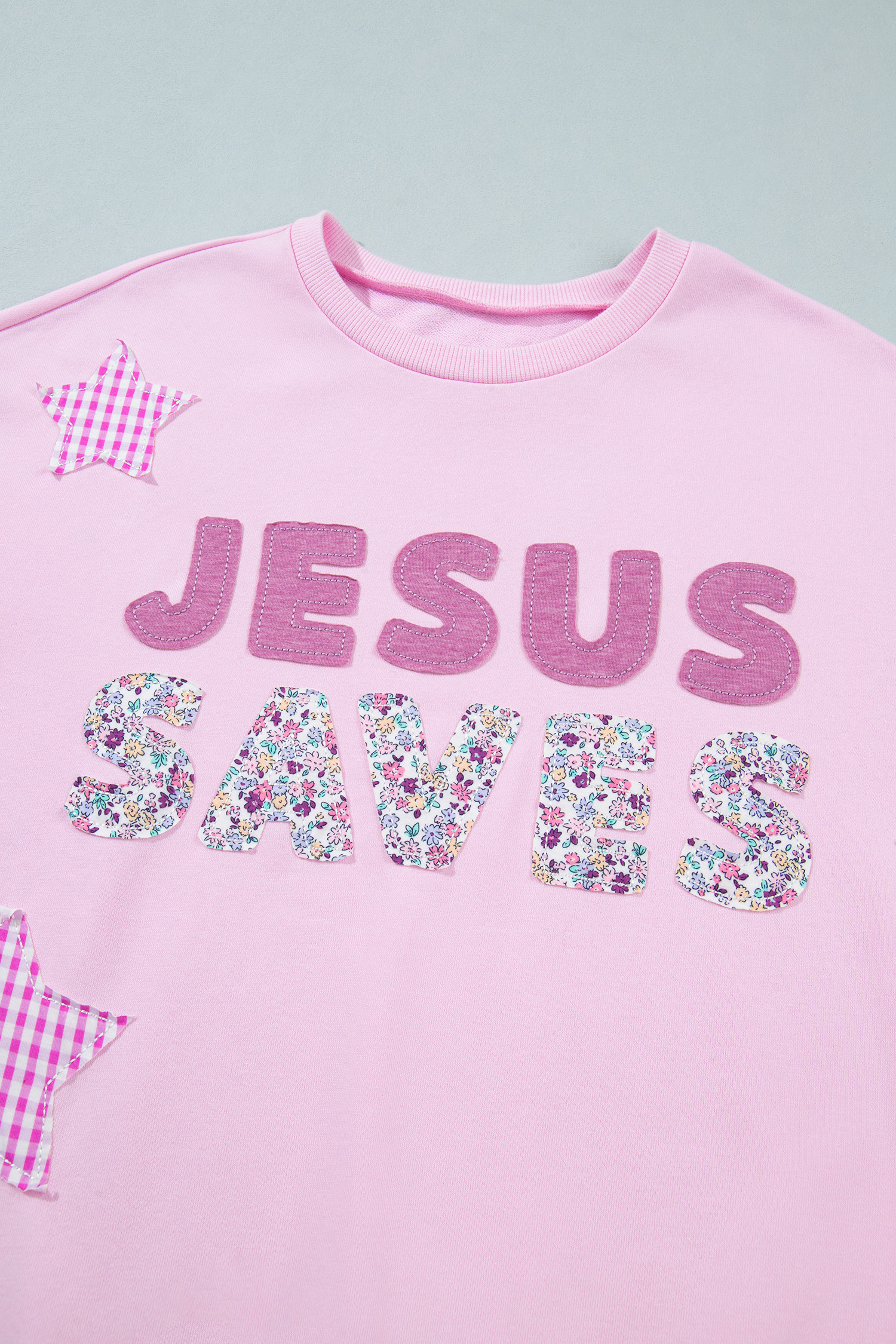 Pink Patchwork Stars Plaid Unique Floral Letters Baggy Sweatshirt - Image 6
