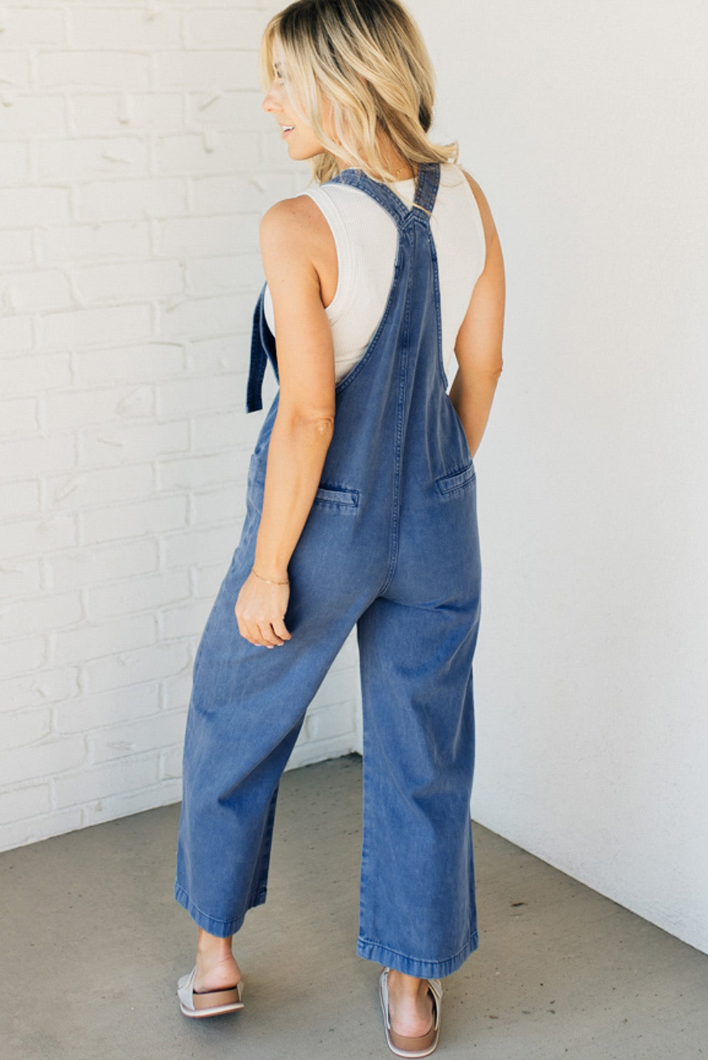 Prussian Blue Mineral Wash Knotted Strap Patched Pocket Wide Leg Denim Overall - Image 8