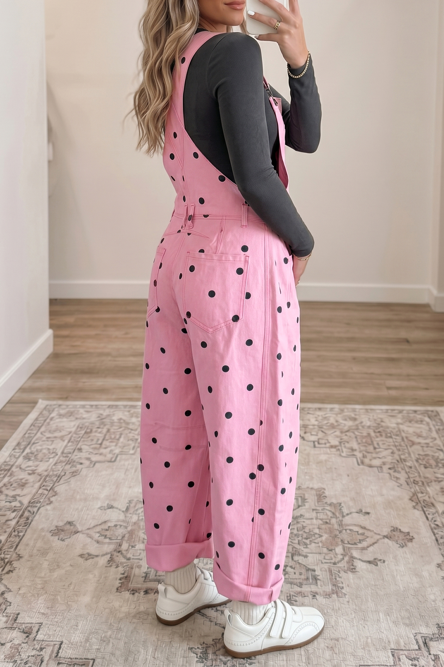 Light French Beige Polka Dot Print Bib Pocket Denim Barrel Overalls Jumpsuit - Image 8