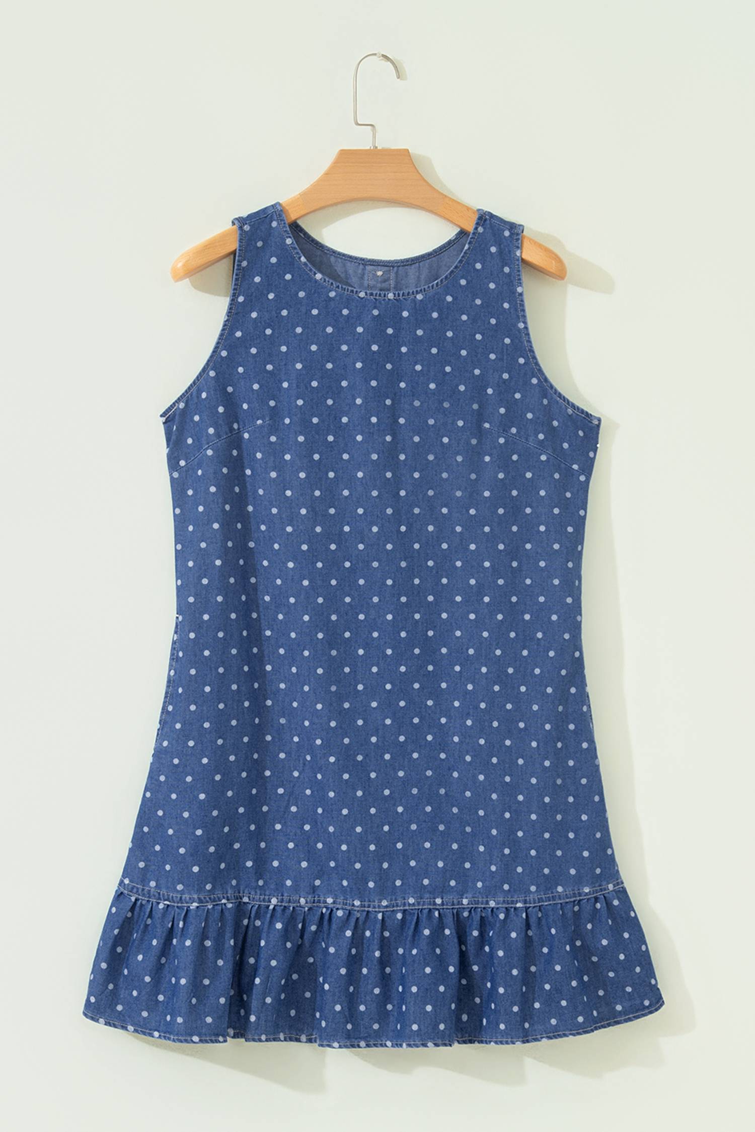 Blue Polka Dot Ruffle Hem Sleeveless Denim Mini Dress - Image 7