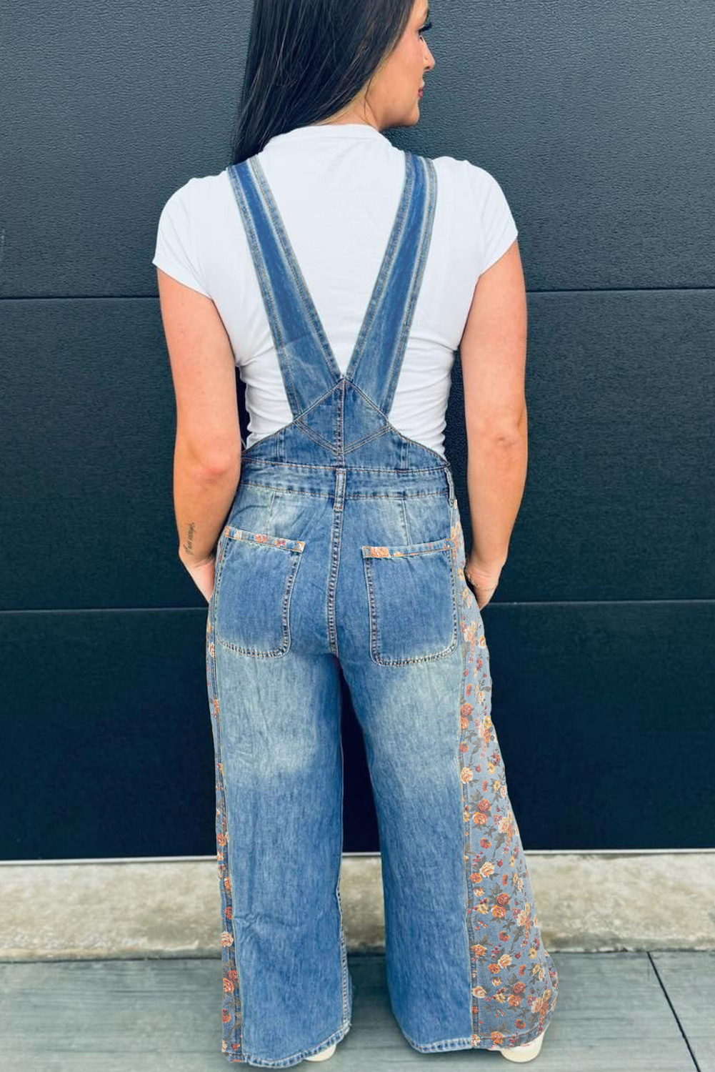 Peacock Blue Floral Patchwork Bib Denim Wide Leg Overalls - Image 2