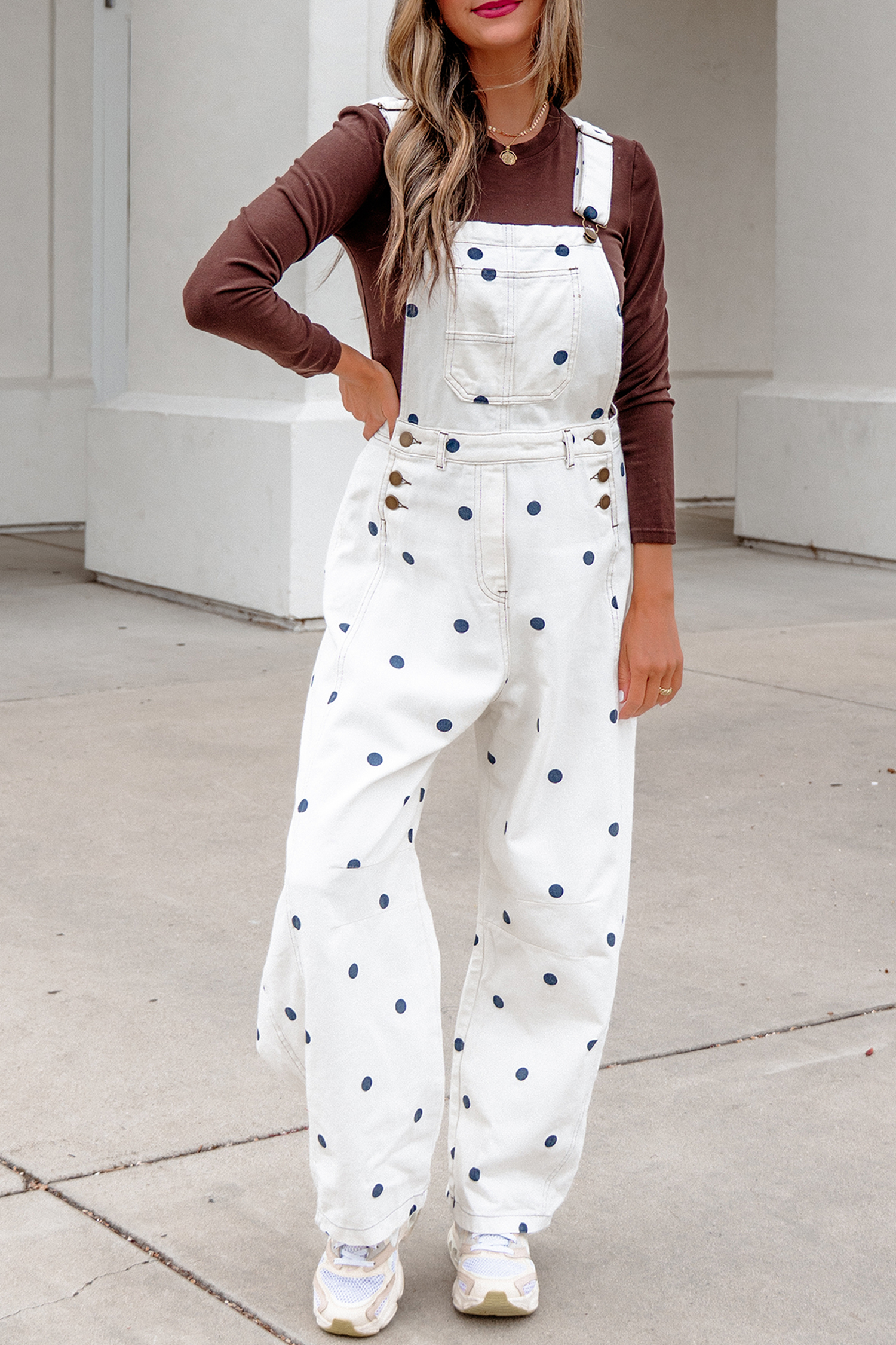 Light French Beige Polka Dot Print Bib Pocket Denim Barrel Overalls Jumpsuit - Image 4