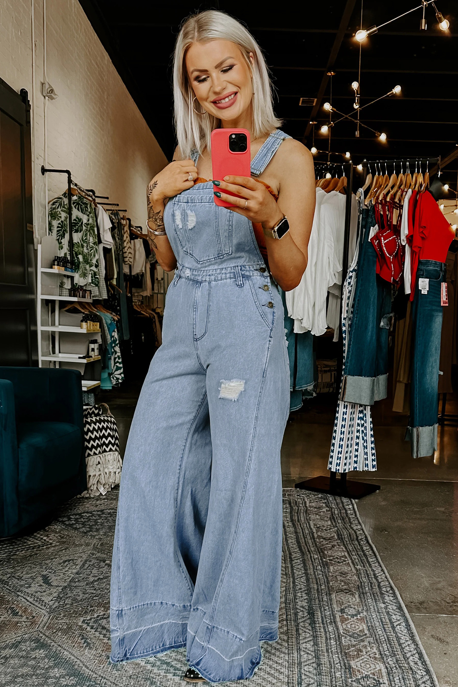Mist Blue Retro Distressed Button Adjustable Straps Denim Overall Jumpsuit - Image 4