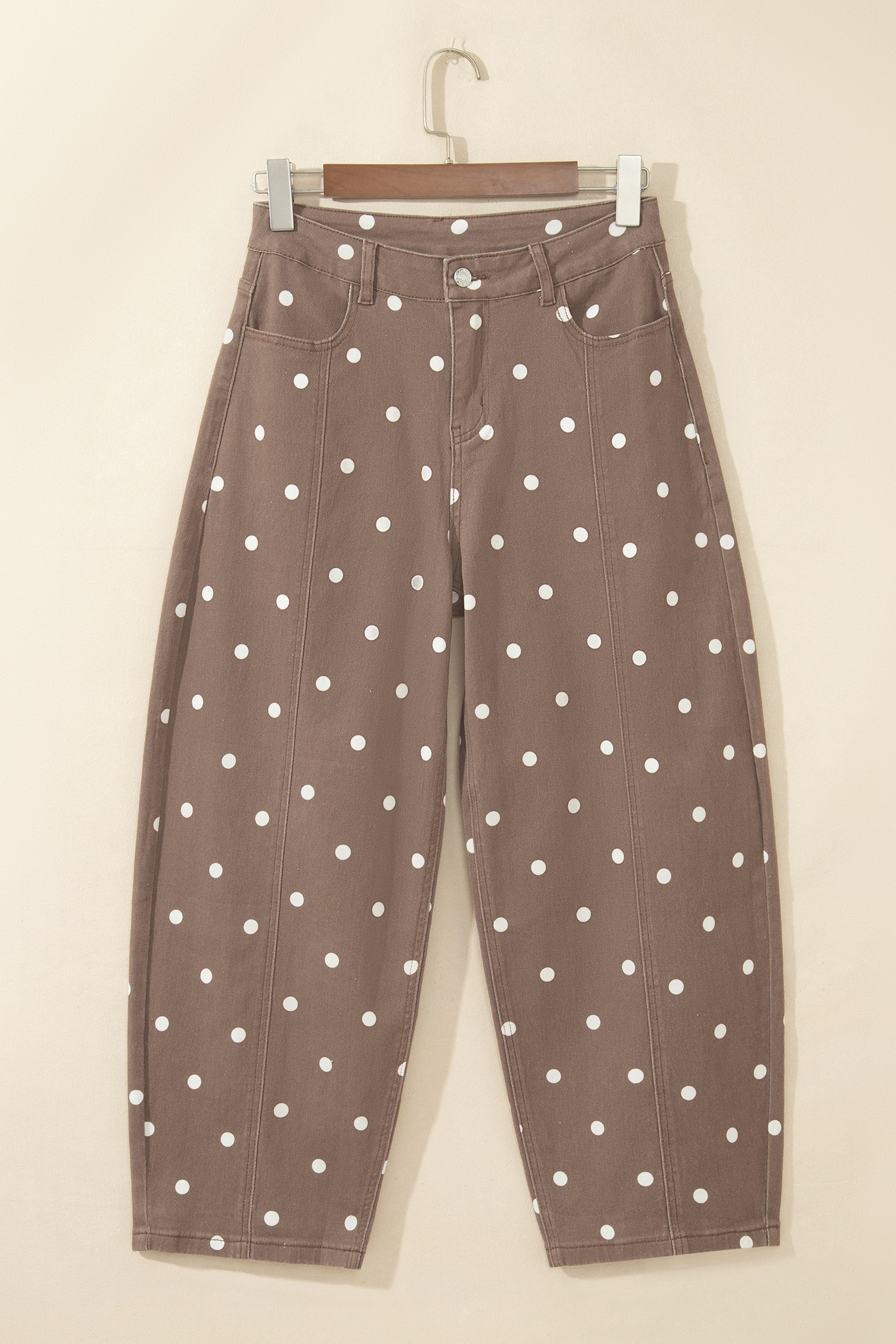 Brown Tailored Seam Polka Dot Print Barrel Casual Jeans - Image 7