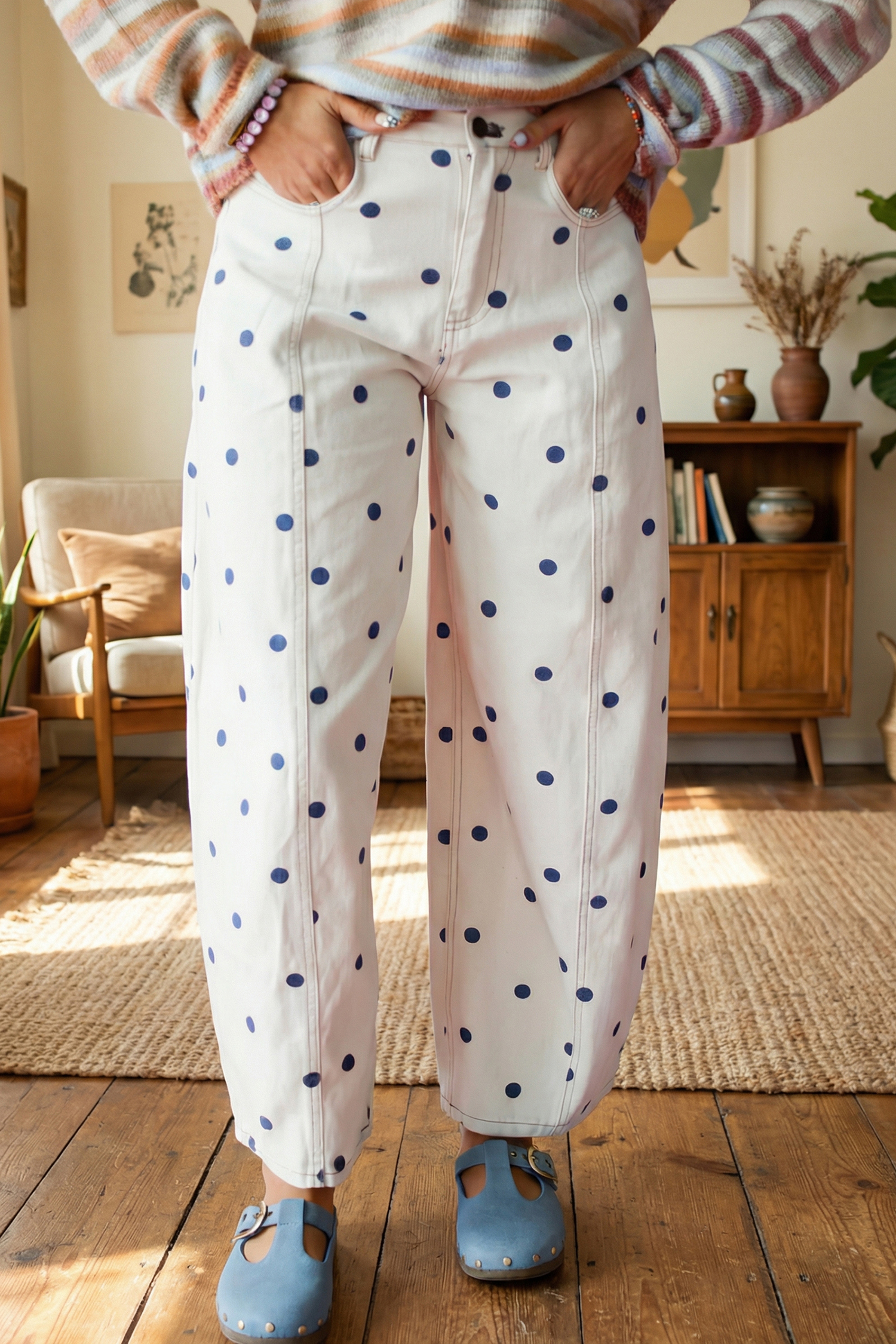 Brown Tailored Seam Polka Dot Print Barrel Casual Jeans - Image 26