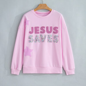 Pink Patchwork Stars Plaid Unique Floral Letters Baggy Sweatshirt