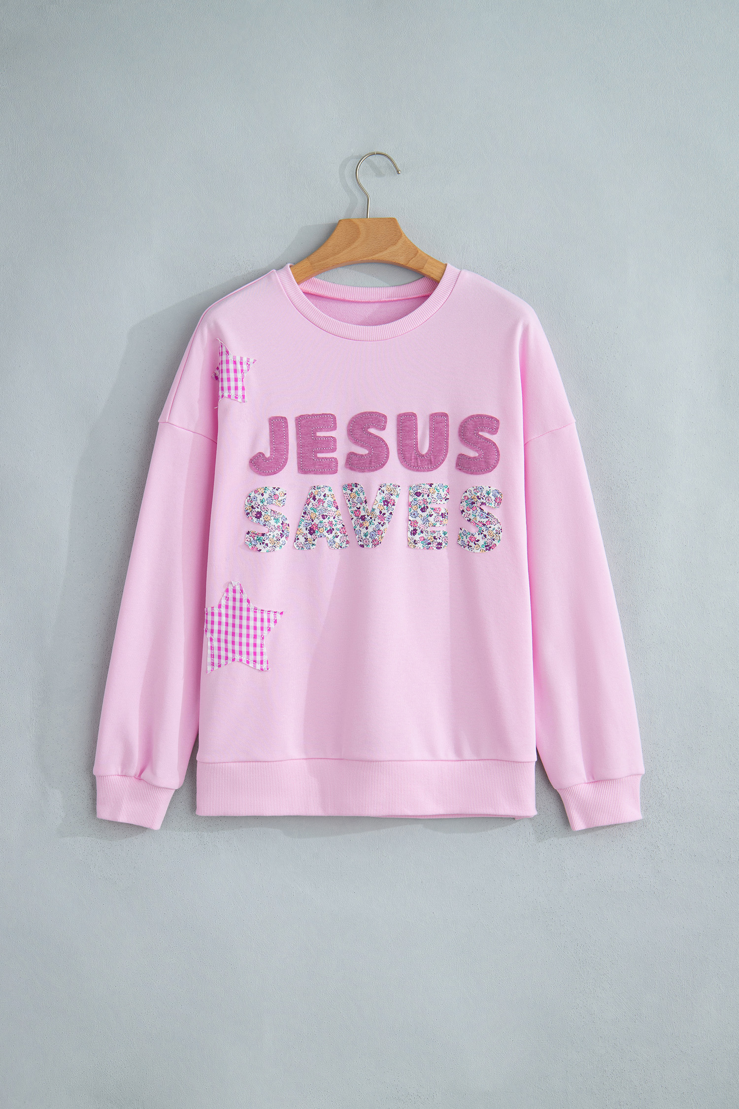 Pink Patchwork Stars Plaid Unique Floral Letters Baggy Sweatshirt