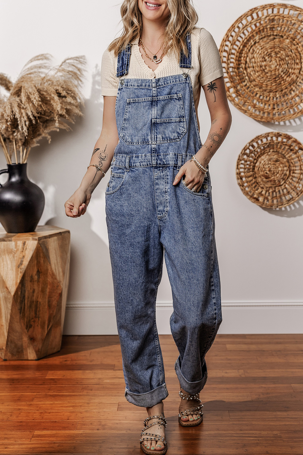 Sail Blue Denim Bib Straight Leg Jumpsuit with Pockets - Image 4