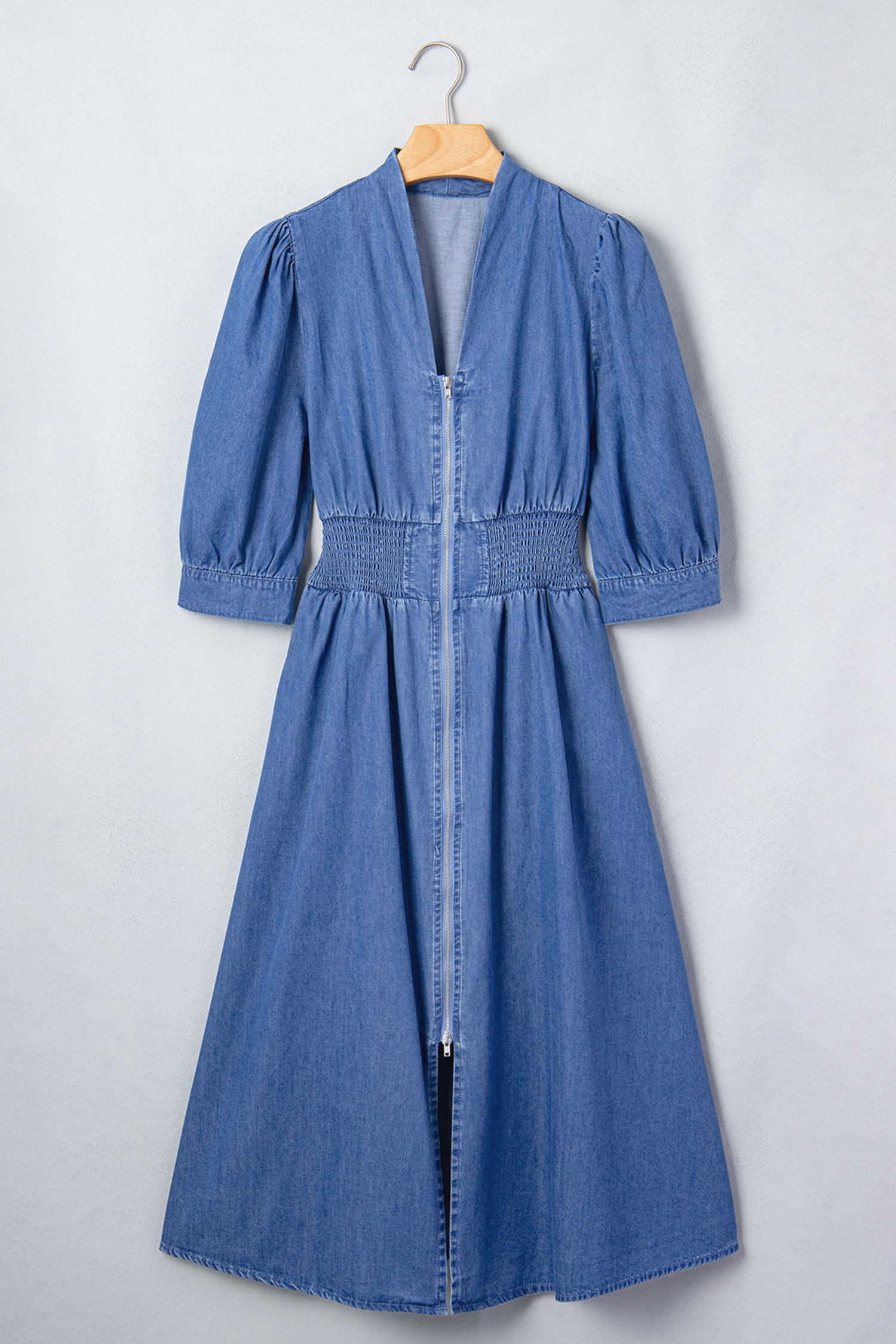 Blue V Neck Shirred Waist Metal Zipper Denim Midi Dress - Image 7