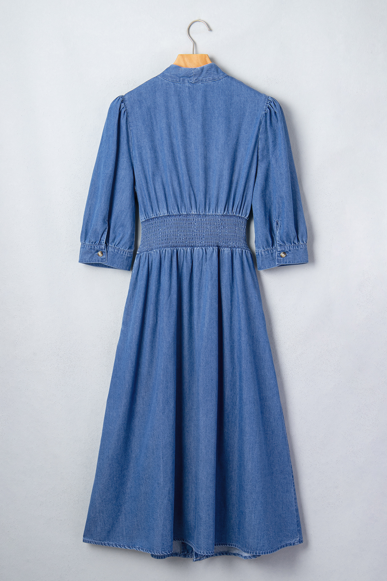 Blue V Neck Shirred Waist Metal Zipper Denim Midi Dress - Image 8