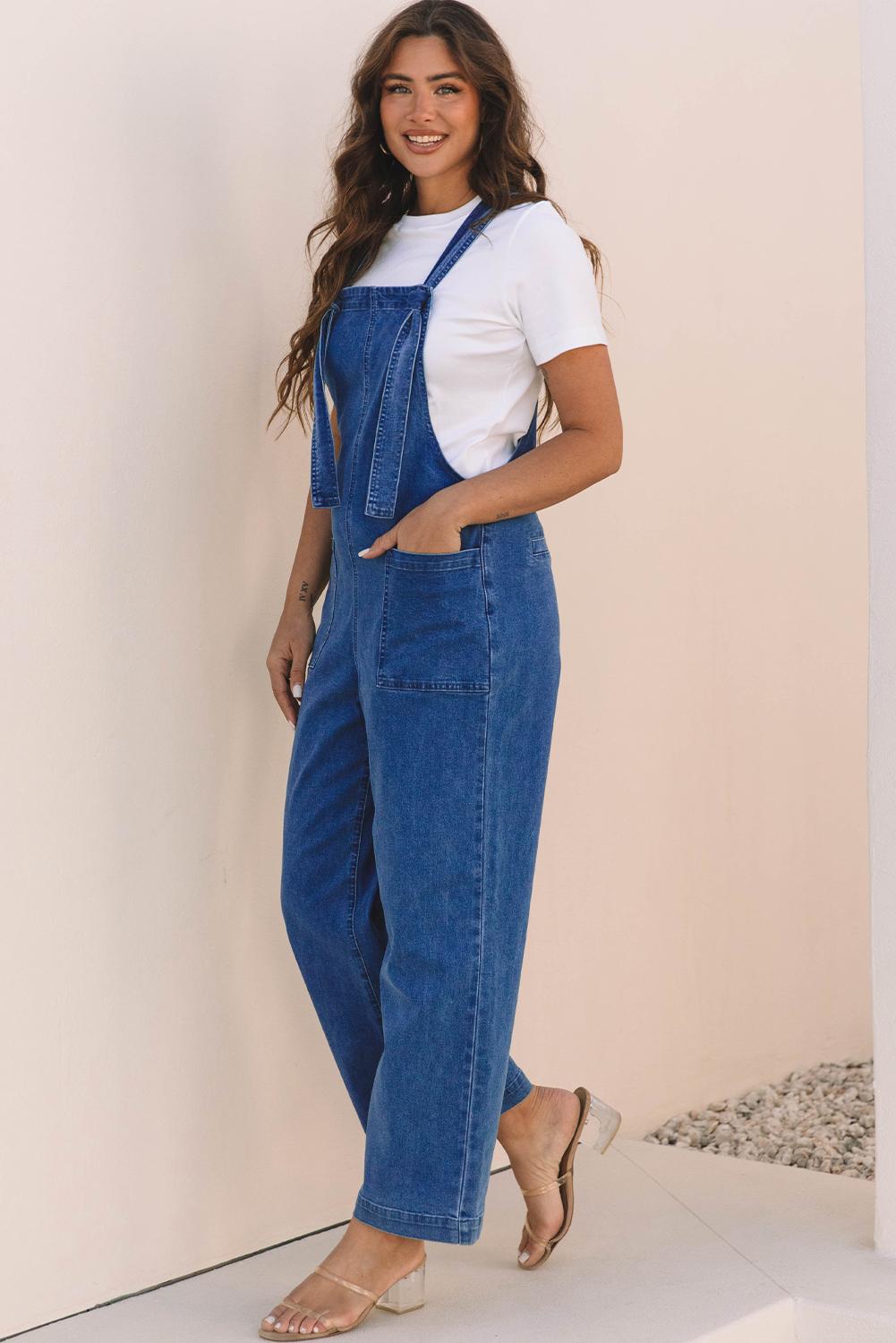 Prussian Blue Mineral Wash Knotted Strap Patched Pocket Wide Leg Denim Overall - Image 3