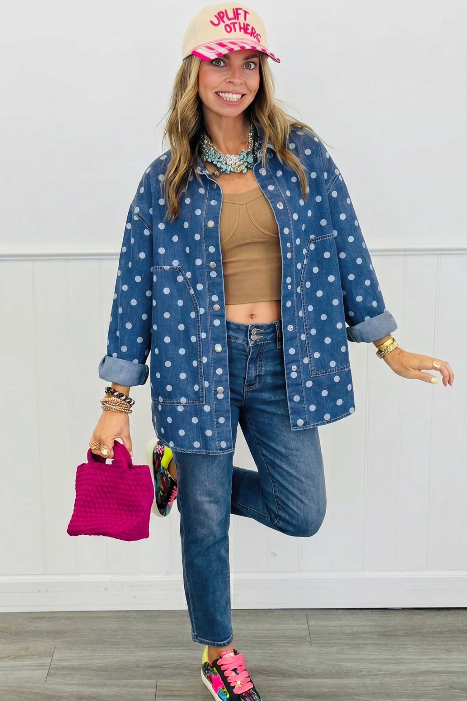 Blue Polka Dot Long Sleeve Collar Shift Tunic Denim Jacket - Image 4