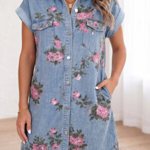 Sky Blue Denim Floral Print Cuffed Short Sleeve Button Down Shift Dress