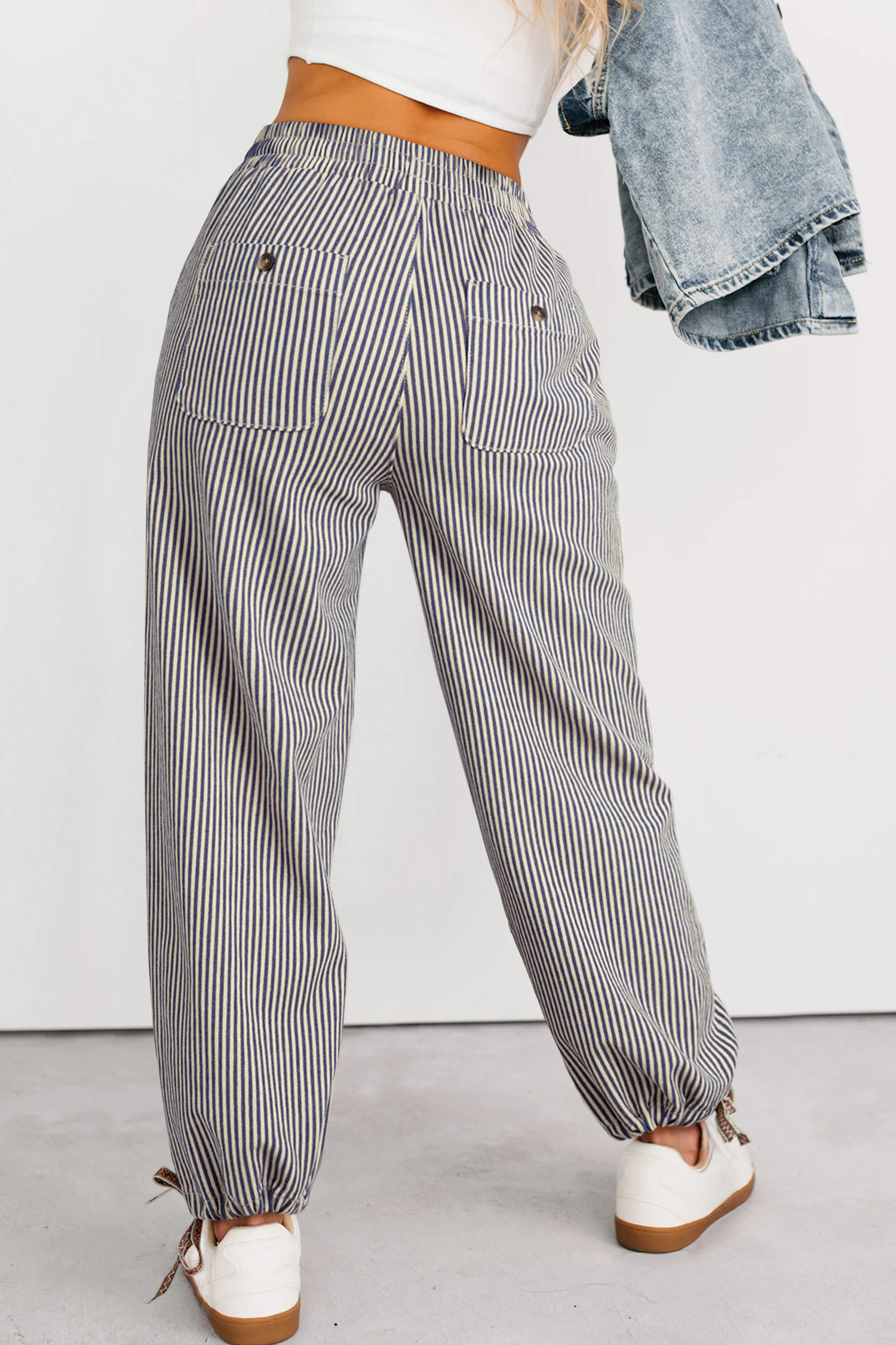 Khaki Stripe Button Patch Pocket Drawstring Elastic Waist Loose Pants - Image 2