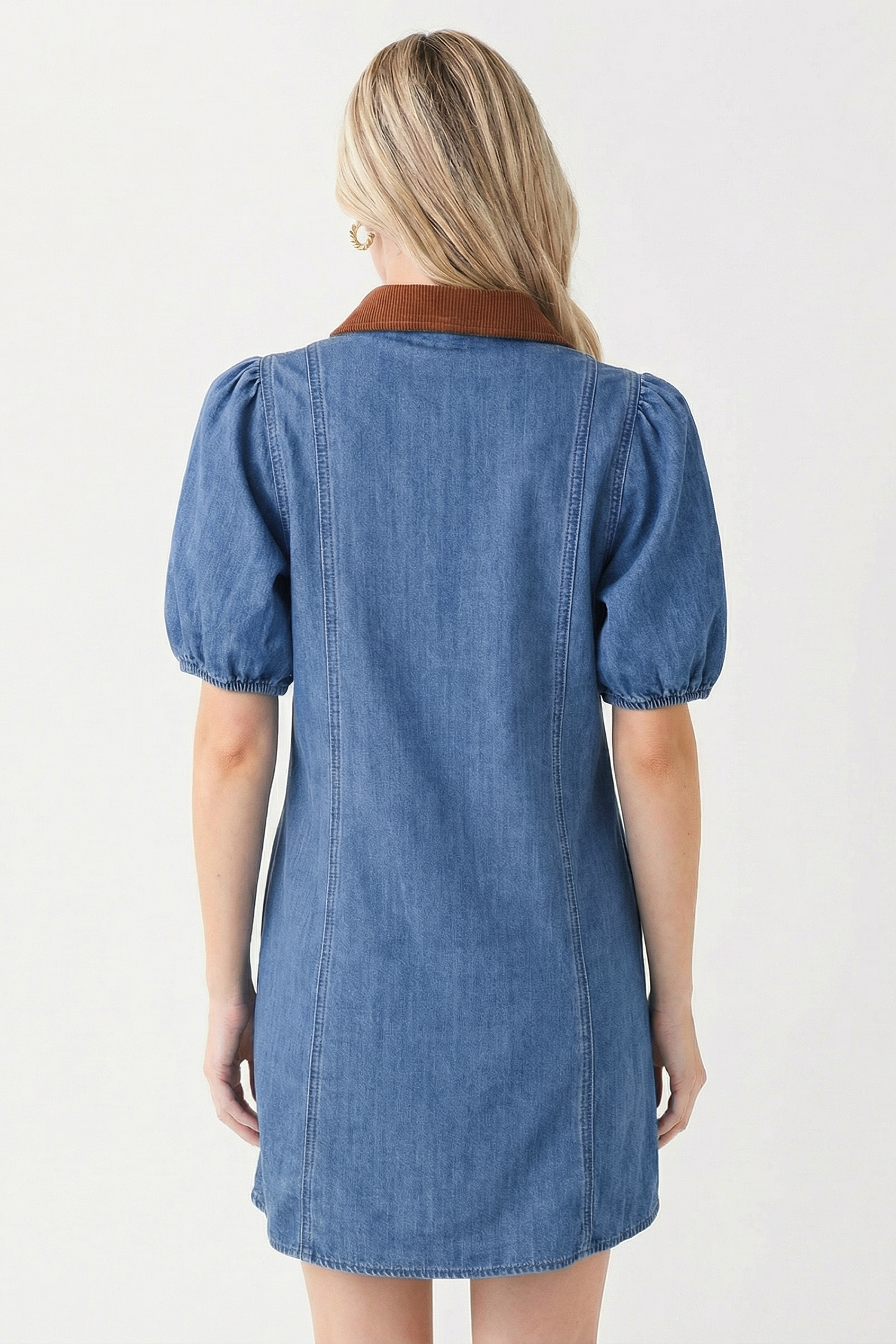 Blue Denim Short Puff Sleeve Color Block Shirt Collar Patchwork Mini Dress - Image 2