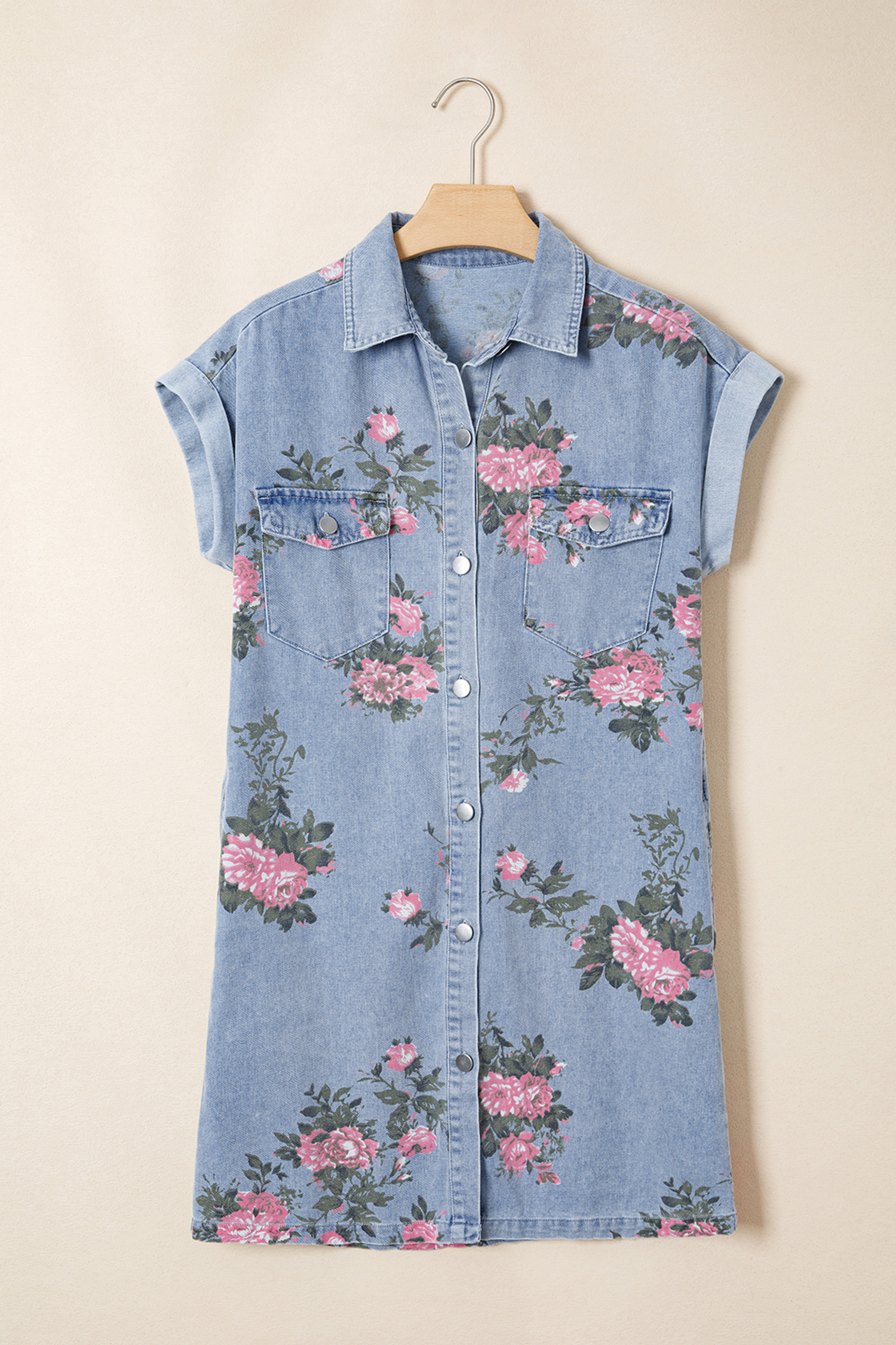 Sky Blue Denim Floral Print Cuffed Short Sleeve Button Down Shift Dress - Image 5