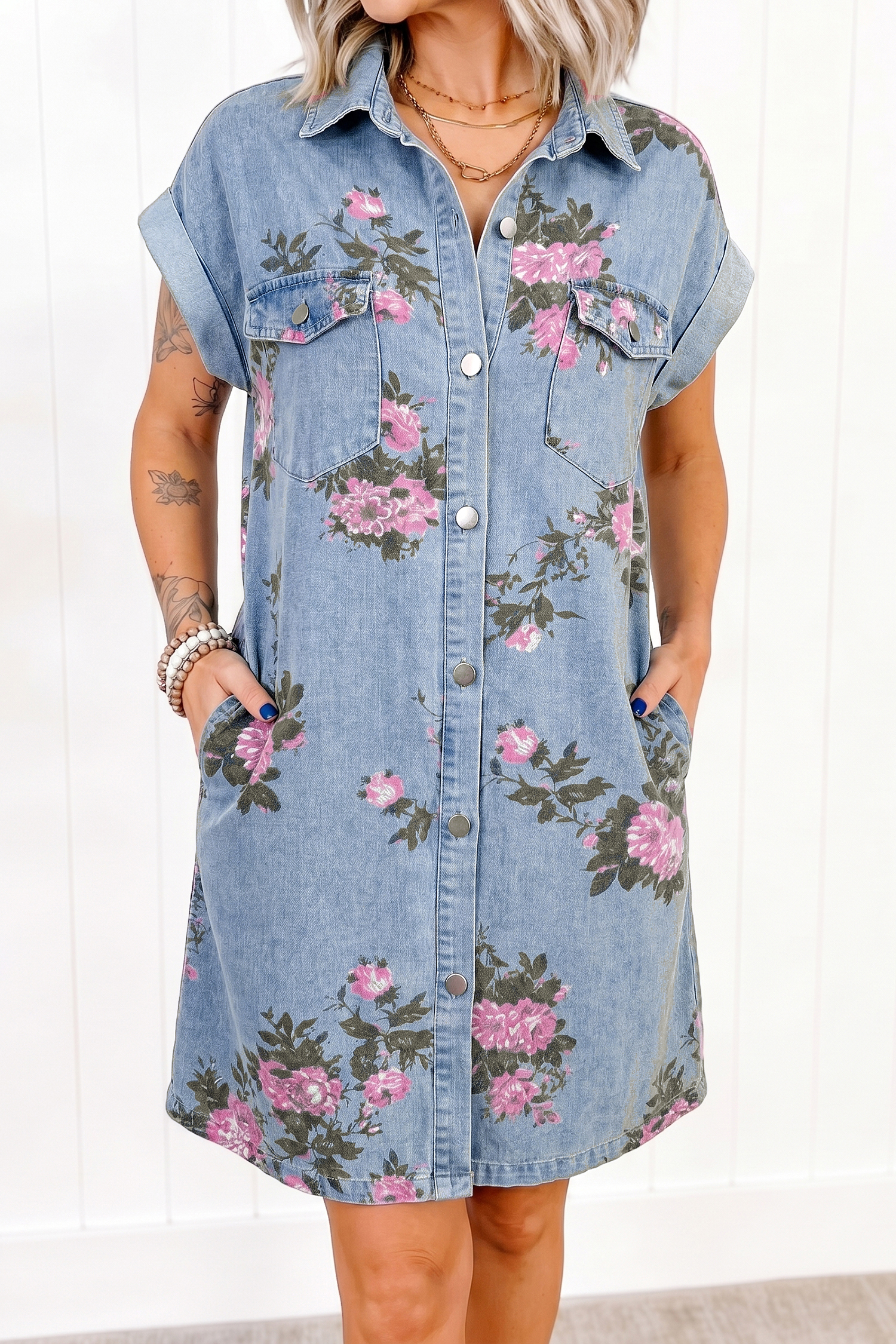 Sky Blue Denim Floral Print Cuffed Short Sleeve Button Down Shift Dress - Image 4