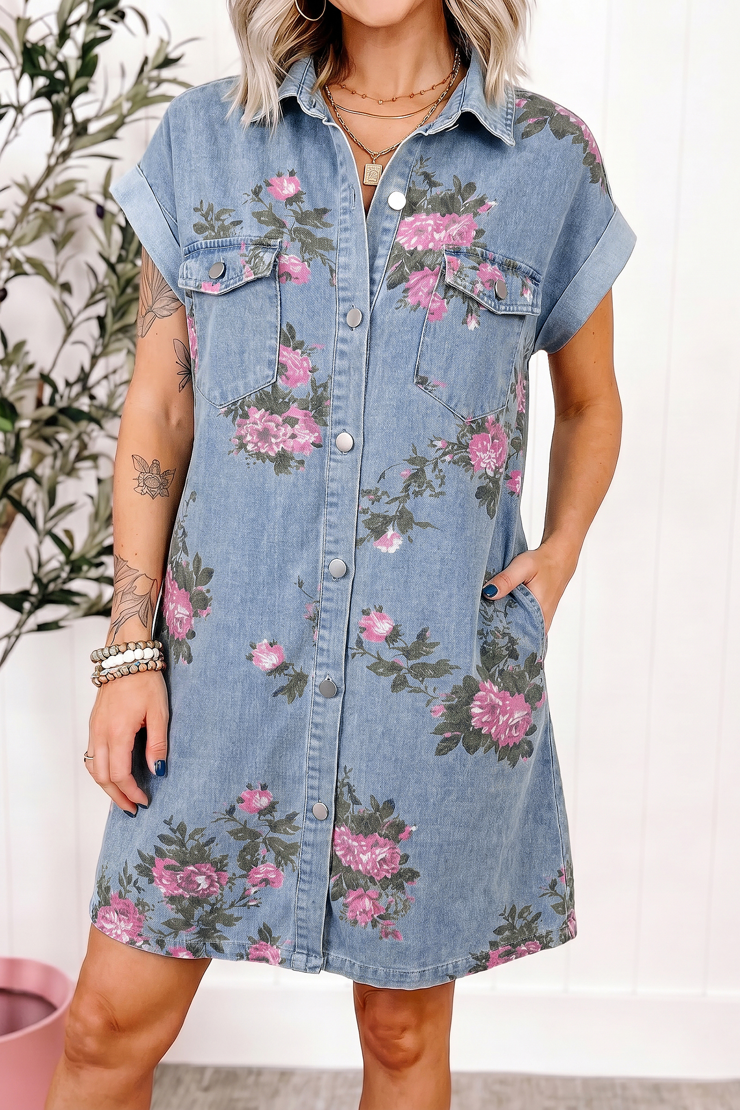 Sky Blue Denim Floral Print Cuffed Short Sleeve Button Down Shift Dress - Image 2