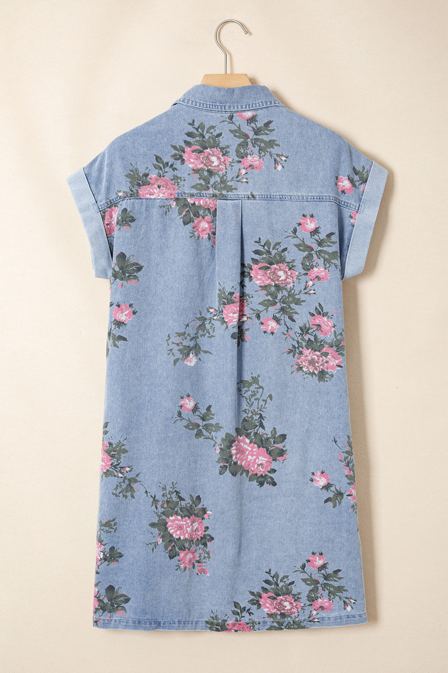 Sky Blue Denim Floral Print Cuffed Short Sleeve Button Down Shift Dress - Image 6