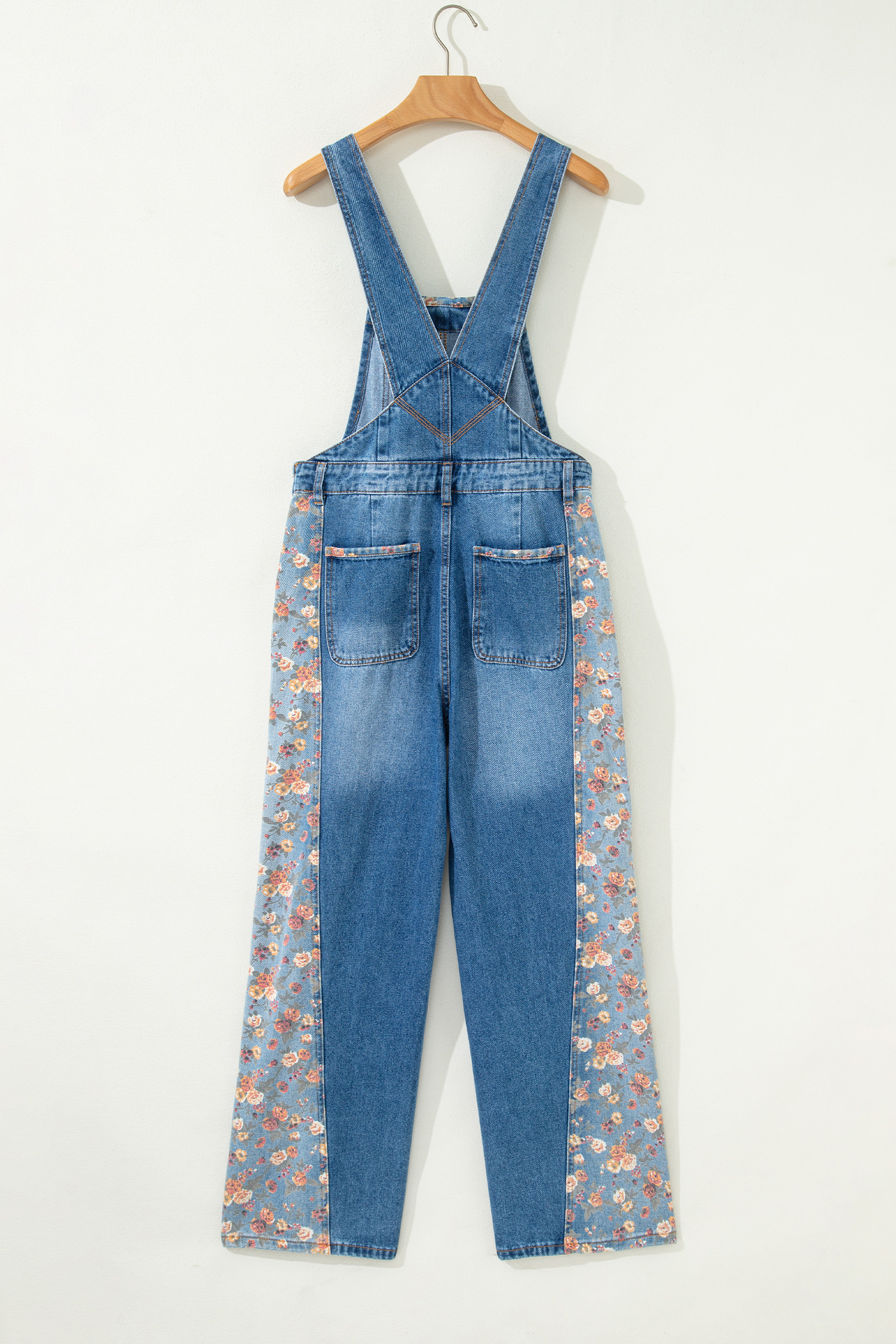 Peacock Blue Floral Patchwork Bib Denim Wide Leg Overalls - Image 8