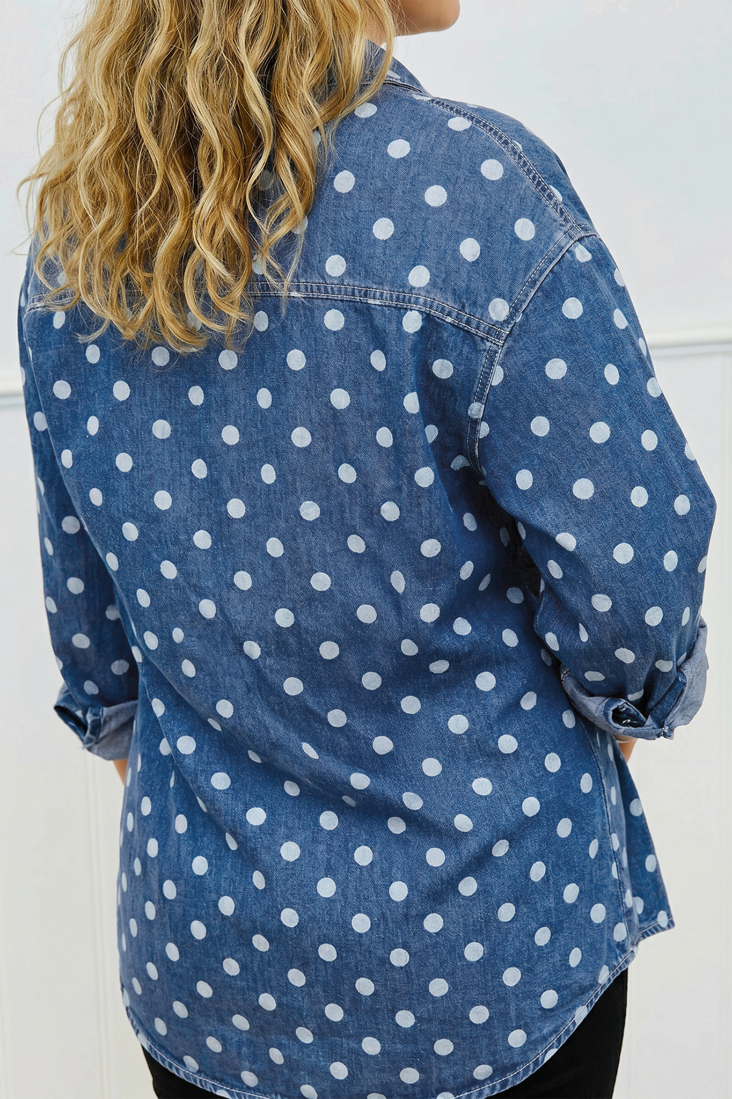 Blue Polka Dot Long Sleeve Collar Shift Tunic Denim Jacket - Image 2