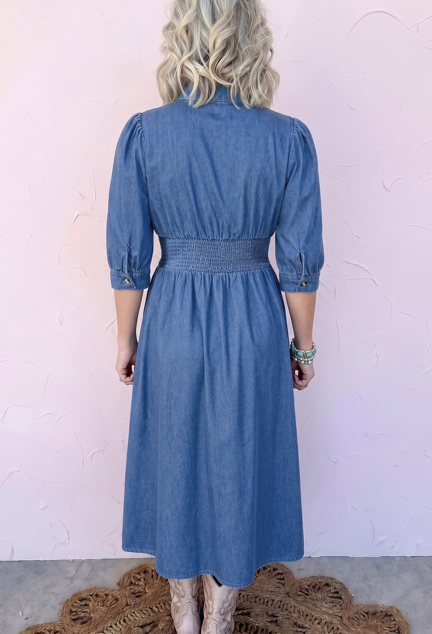 Blue V Neck Shirred Waist Metal Zipper Denim Midi Dress - Image 5