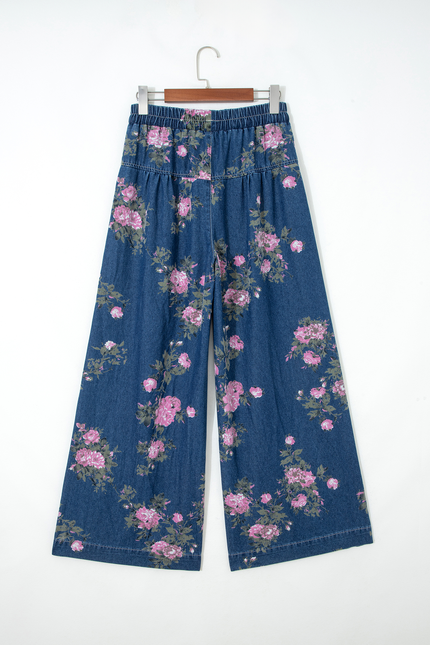 Blue Retro Floral Print Tie Elastic Waist Button Pintuck Wide Leg Jeans - Image 4