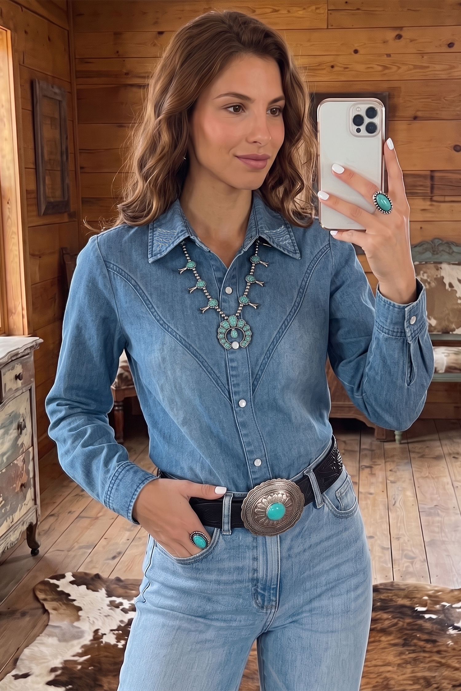 Myosotis Embroidered Western Detail Long Sleeve Collar Shirt - Image 3