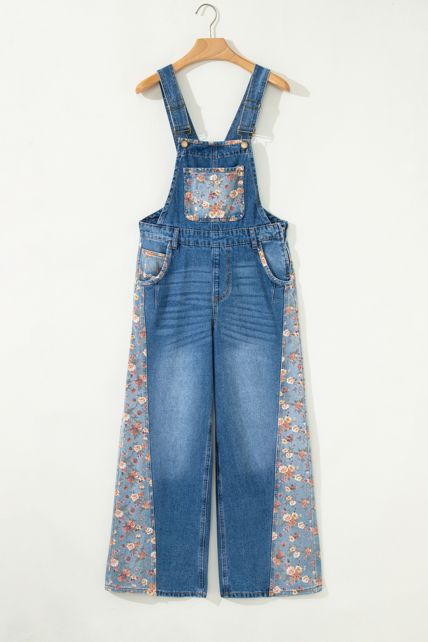 Peacock Blue Floral Patchwork Bib Denim Wide Leg Overalls - Image 7