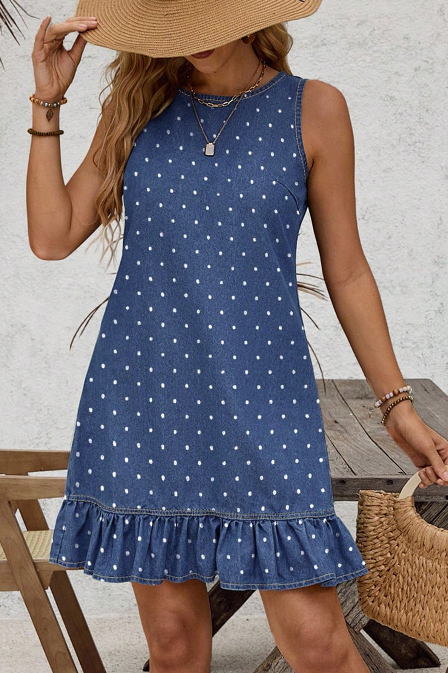 Blue Polka Dot Ruffle Hem Sleeveless Denim Mini Dress - Image 3