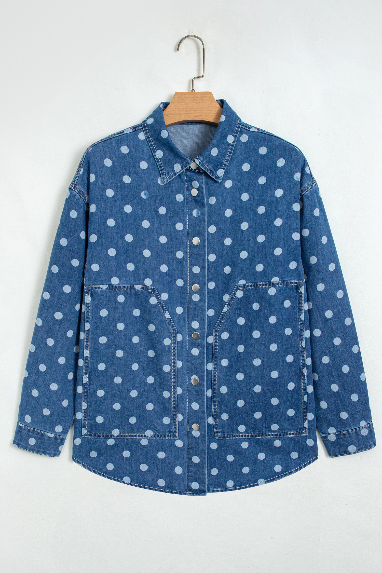 Blue Polka Dot Long Sleeve Collar Shift Tunic Denim Jacket - Image 5