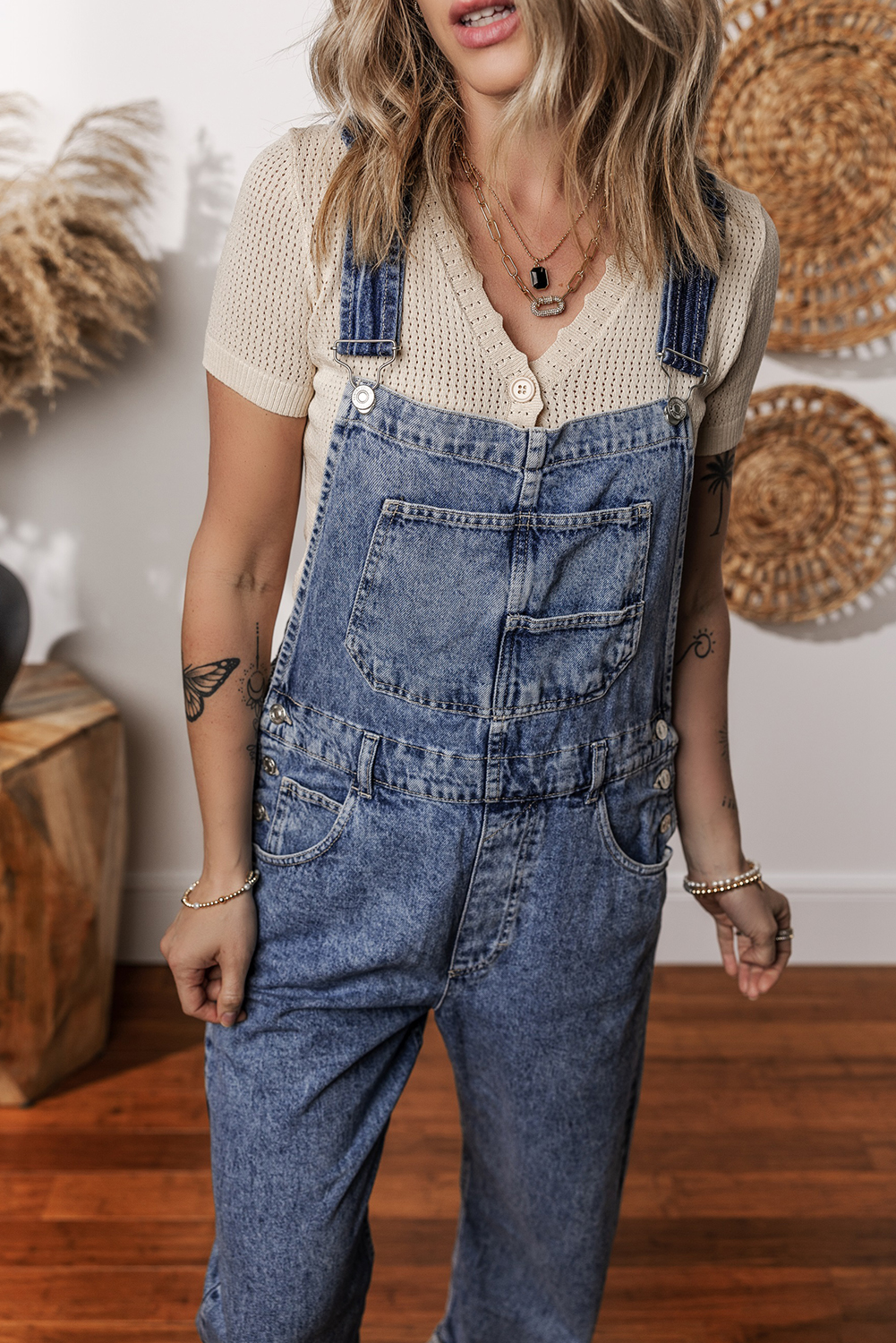 Sail Blue Denim Bib Straight Leg Jumpsuit with Pockets - Image 7