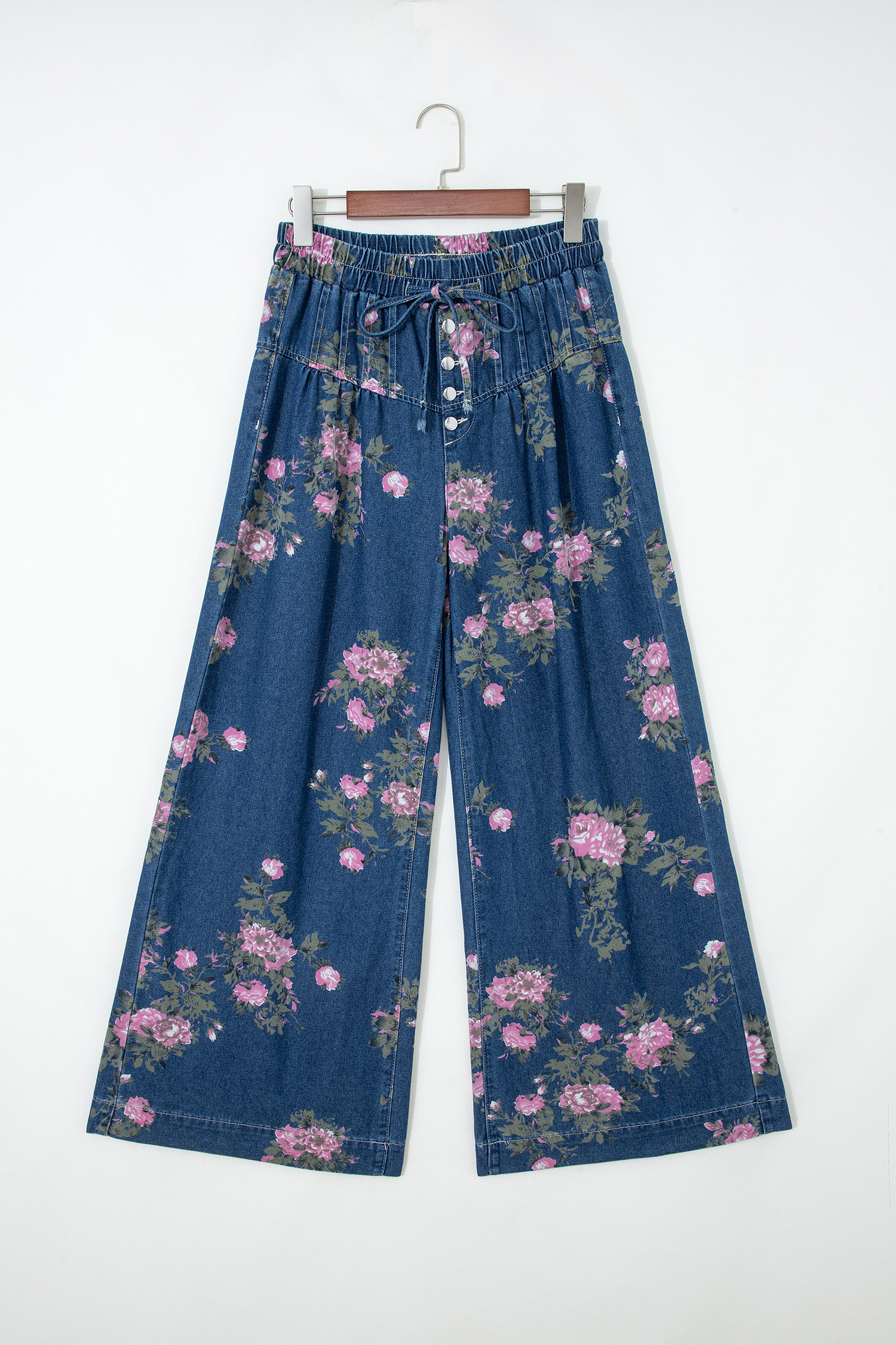 Blue Retro Floral Print Tie Elastic Waist Button Pintuck Wide Leg Jeans - Image 3