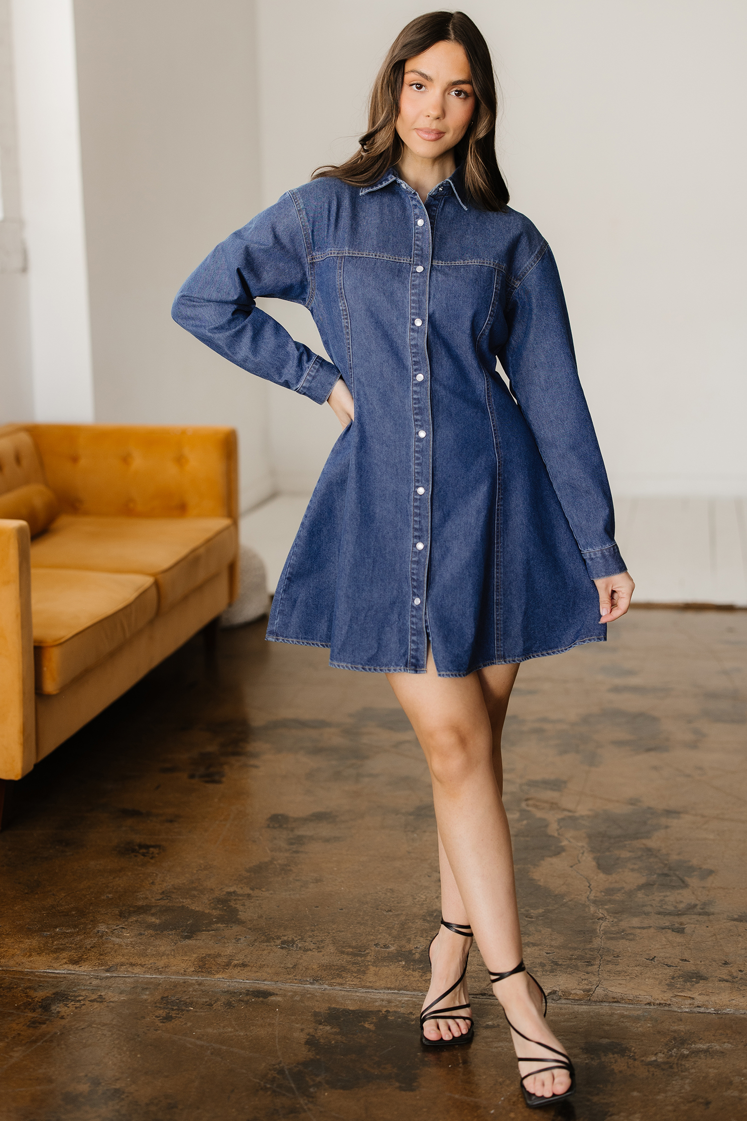 Ashleigh Blue Denim Shirt Collar Long Sleeve Flared Mini Dress - Image 7