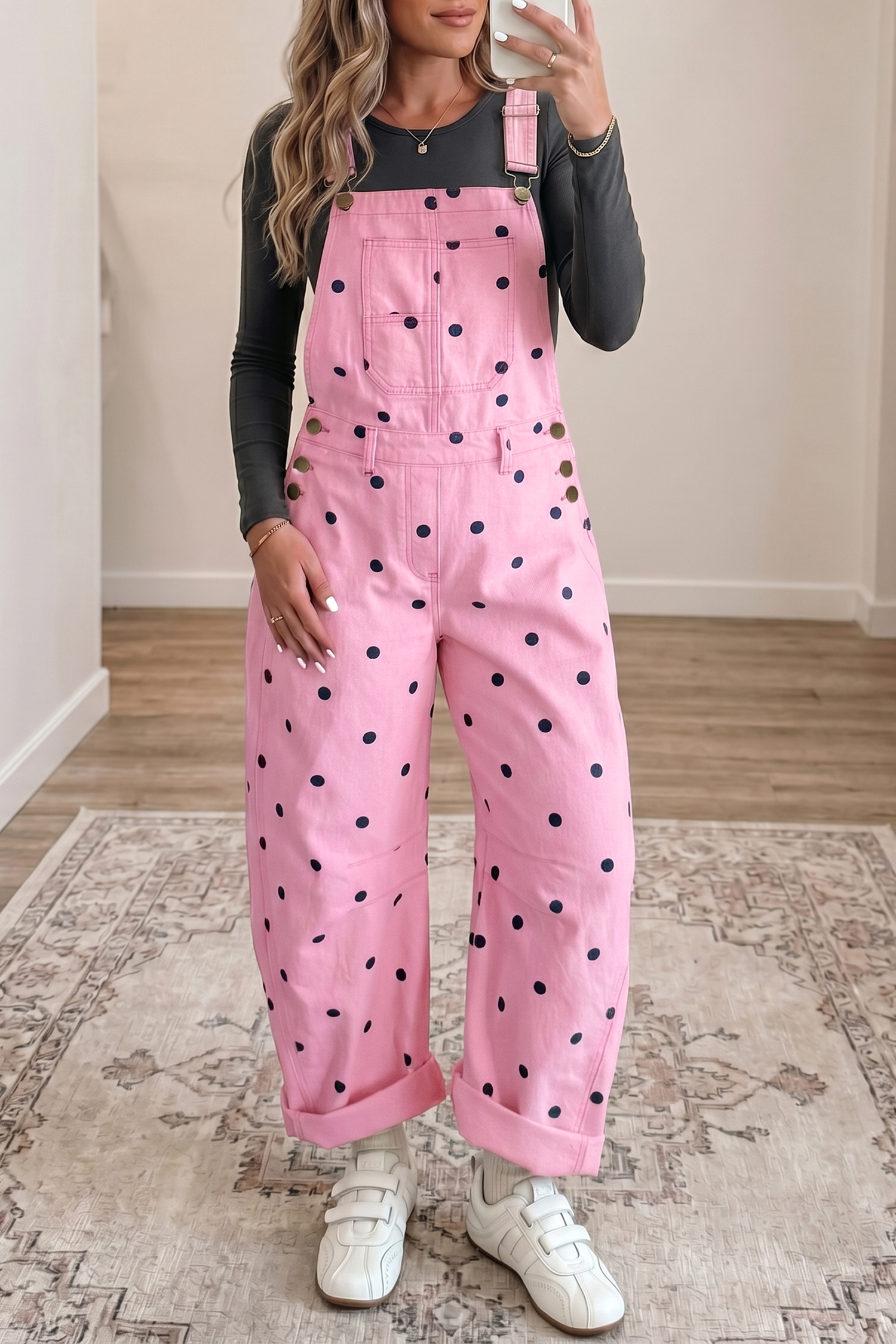 Light French Beige Polka Dot Print Bib Pocket Denim Barrel Overalls Jumpsuit - Image 7