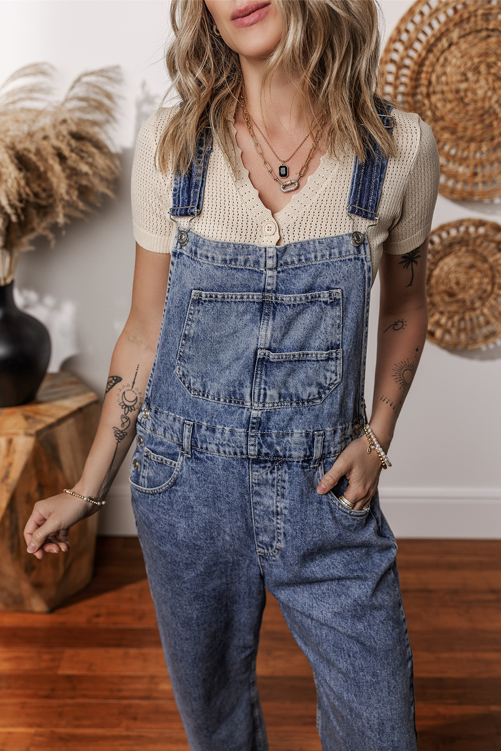 Sail Blue Denim Bib Straight Leg Jumpsuit with Pockets - Image 8